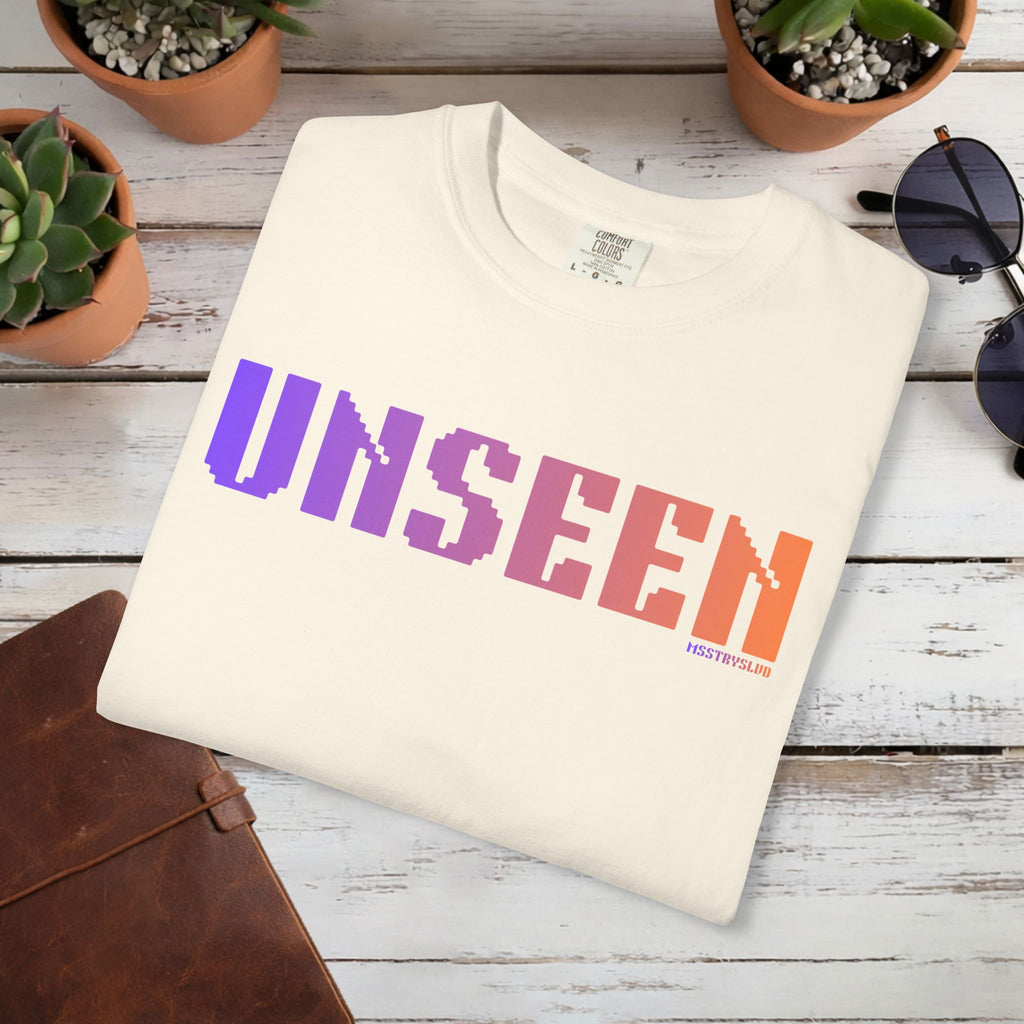 UNSEEN Graphic T Shirt Aesthetic Streetwear Tee, Retro Pixel Unisex Minimal Typography Statement Shirt, Travel Pastel Fashion Top