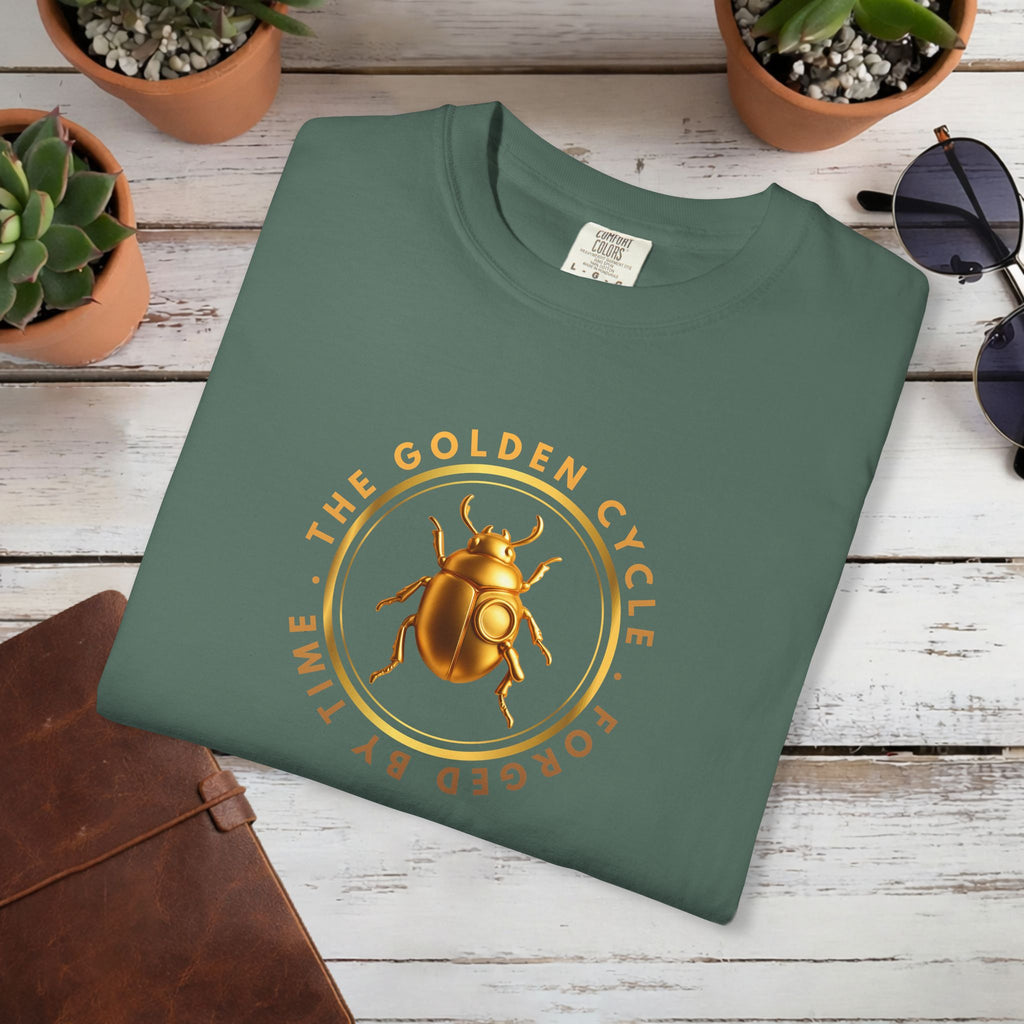 Golden Beetle T Shirt Minimal Emblem | The Golden Cycle Tee | Luxury Scarab Symbol Shirt | Slogan Unisex Graphic T-Shirt