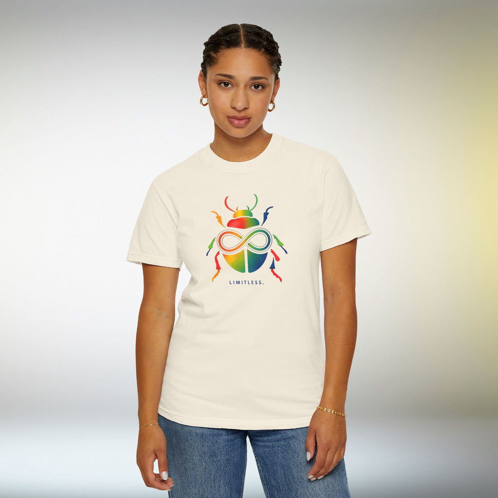 Limitless Beetle T Shirt | Infinity Symbol Graphic Tee | Colorful Scarab Art Shirt | Motivational Streetwear T-Shirt | Unisex Tee