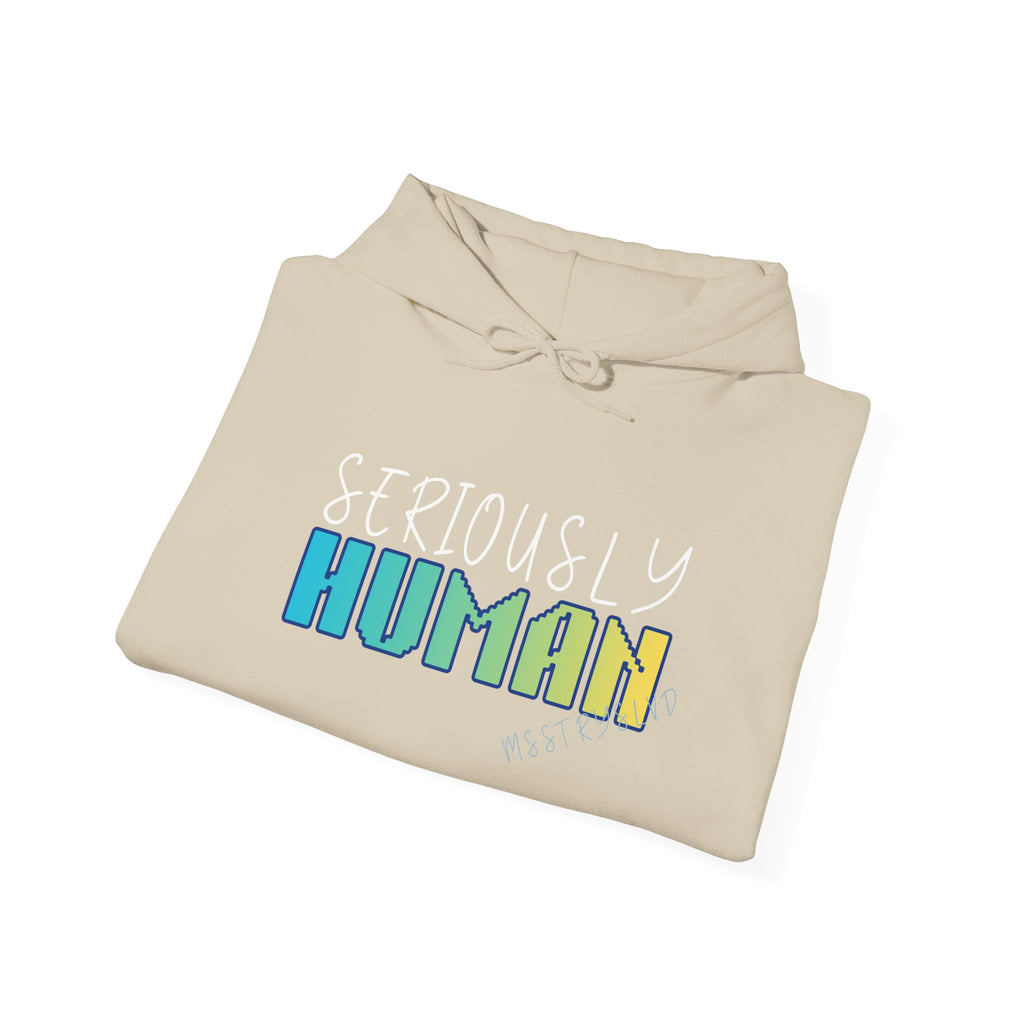 Embroidered 'Seriously Human' Heavy Blend™ Hooded Sweatshirt Quote Retro Pixel