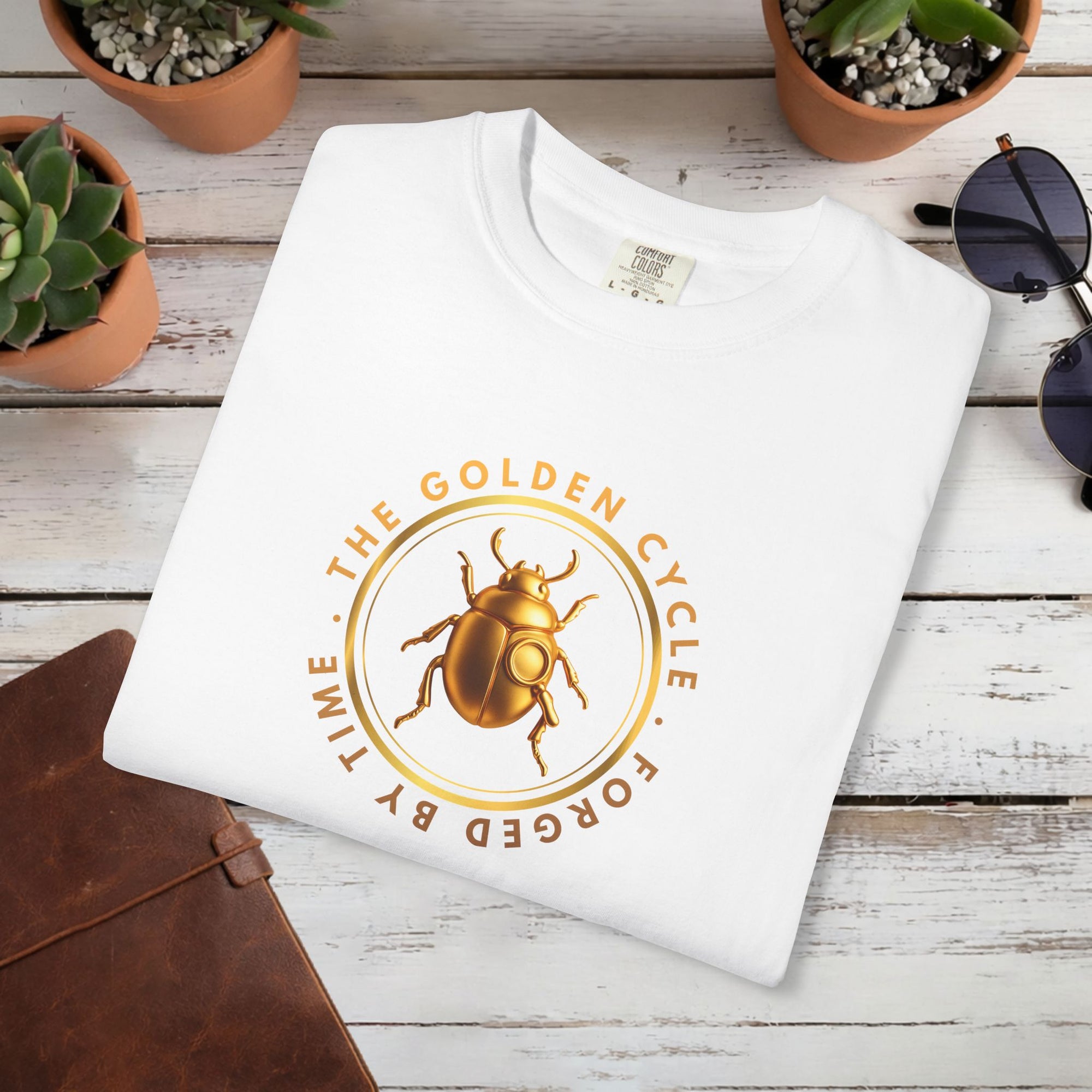 Golden Beetle T Shirt Minimal Emblem | The Golden Cycle Tee | Luxury Scarab Symbol Shirt | Slogan Unisex Graphic T-Shirt