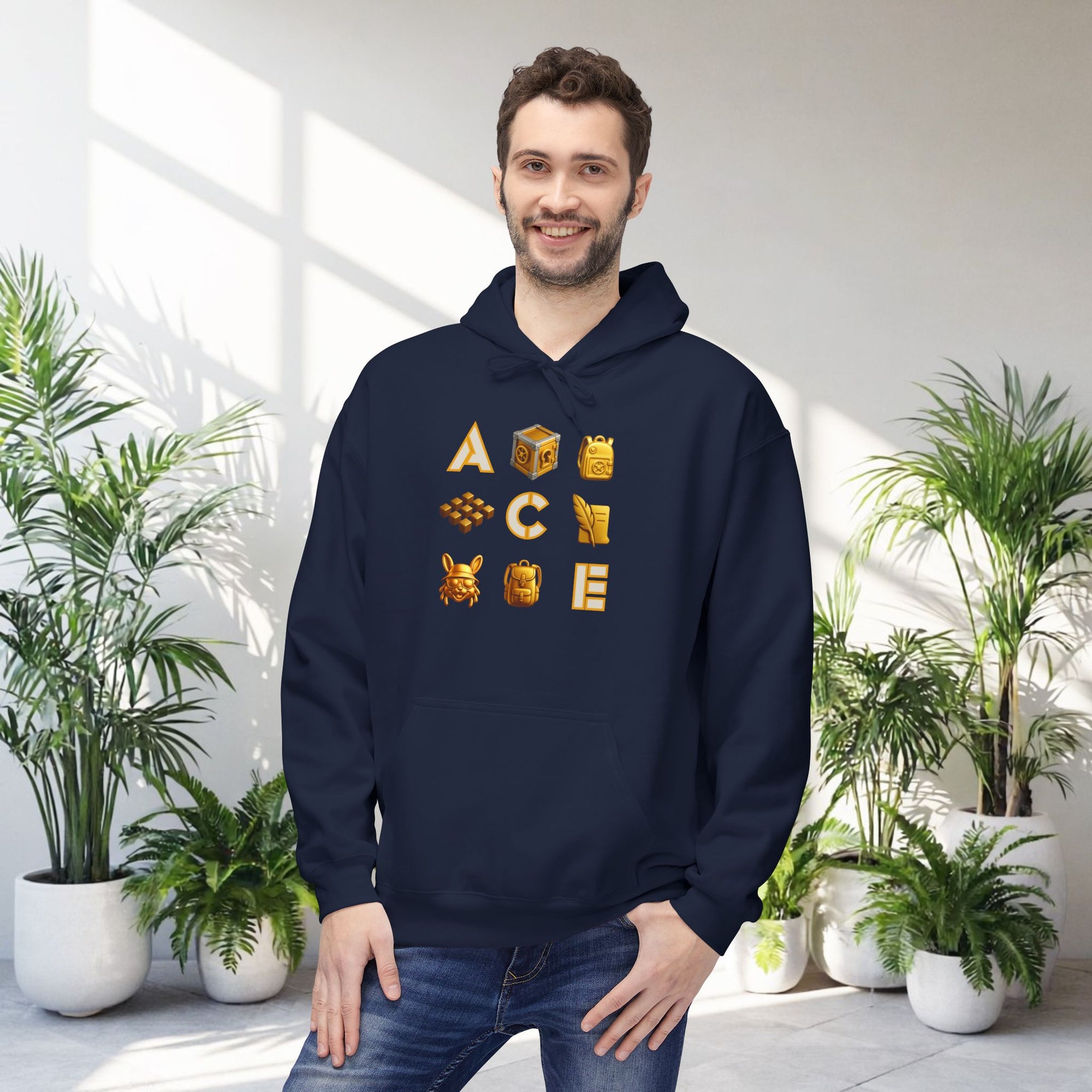 ACE Icon Hoodie – Golden Vault Game Symbols, Retro Gamer Puzzle Graphic Hoodie