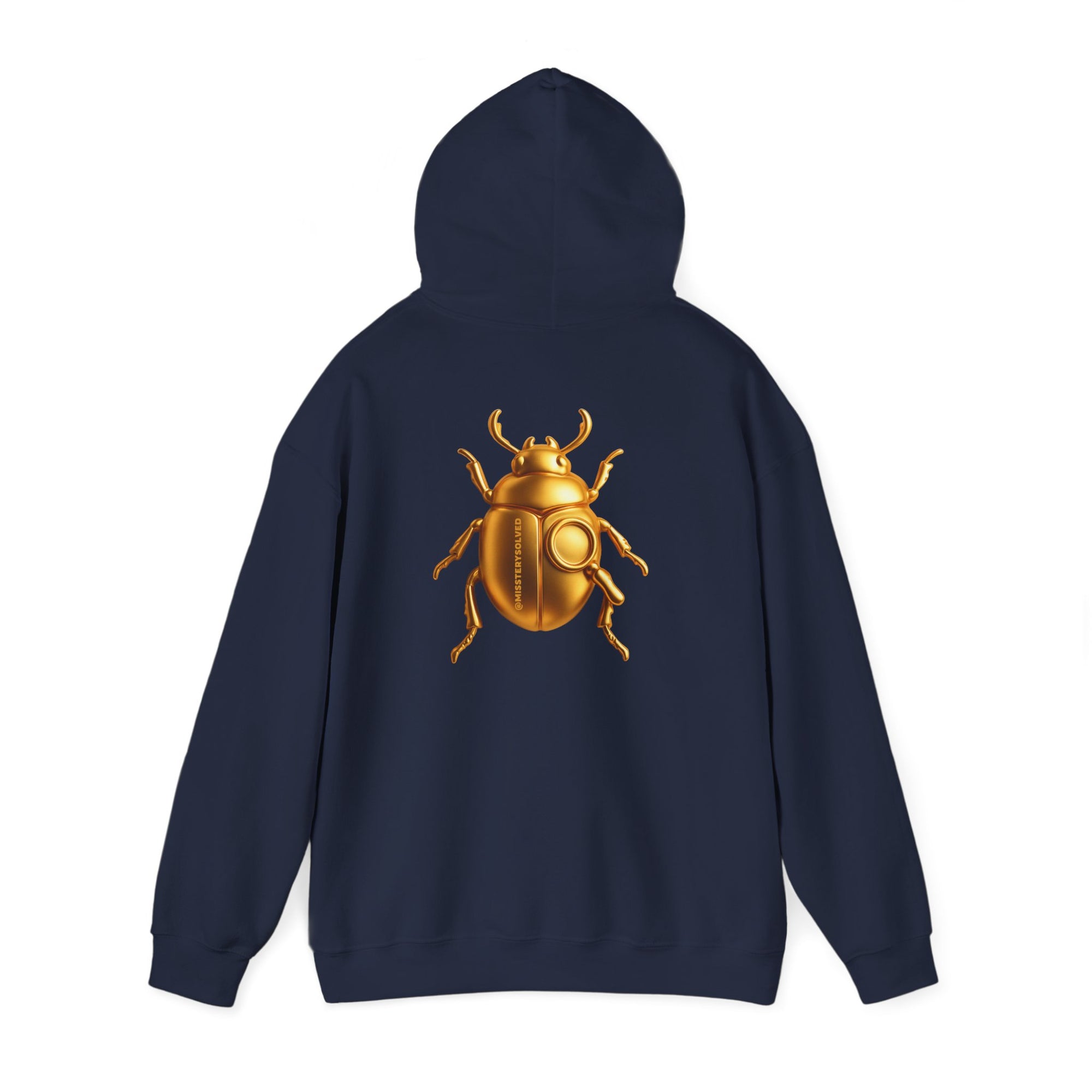 Gold Scarab Beetle Hoodie – Futuristic Steampunk Insect | Unisex Heavy Blend Hooded Sweatshirt Front and Back Graphic