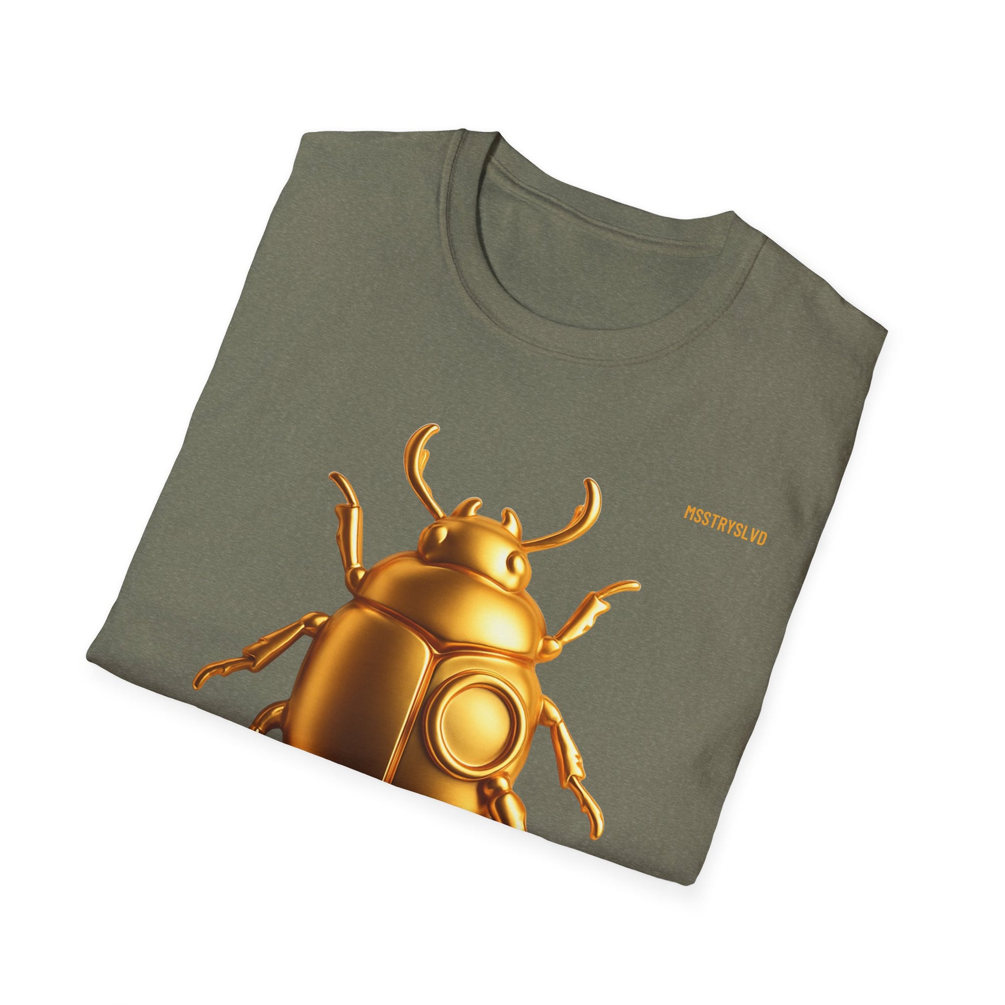 Gold Scarab Beetle T-Shirt – Futuristic Metallic Insect Graphic Print Tee | Golden Beetle Mystery | Streetwear Unisex T-Shirt