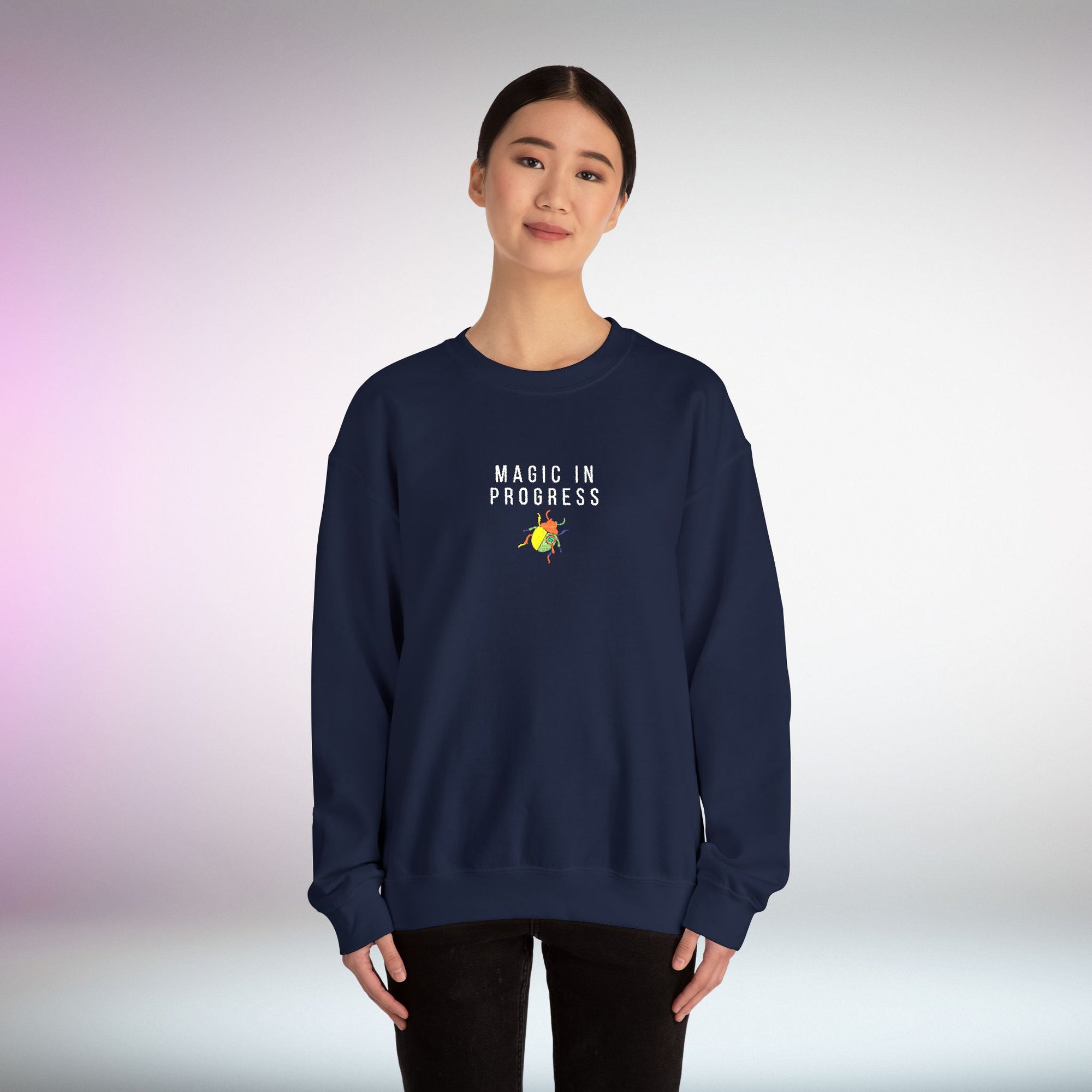 Magic in Progress Embroidered Sweatshirt | Minimal Motivational Crewneck, Premium Unisex Embroidery, Cozy Everyday Wear