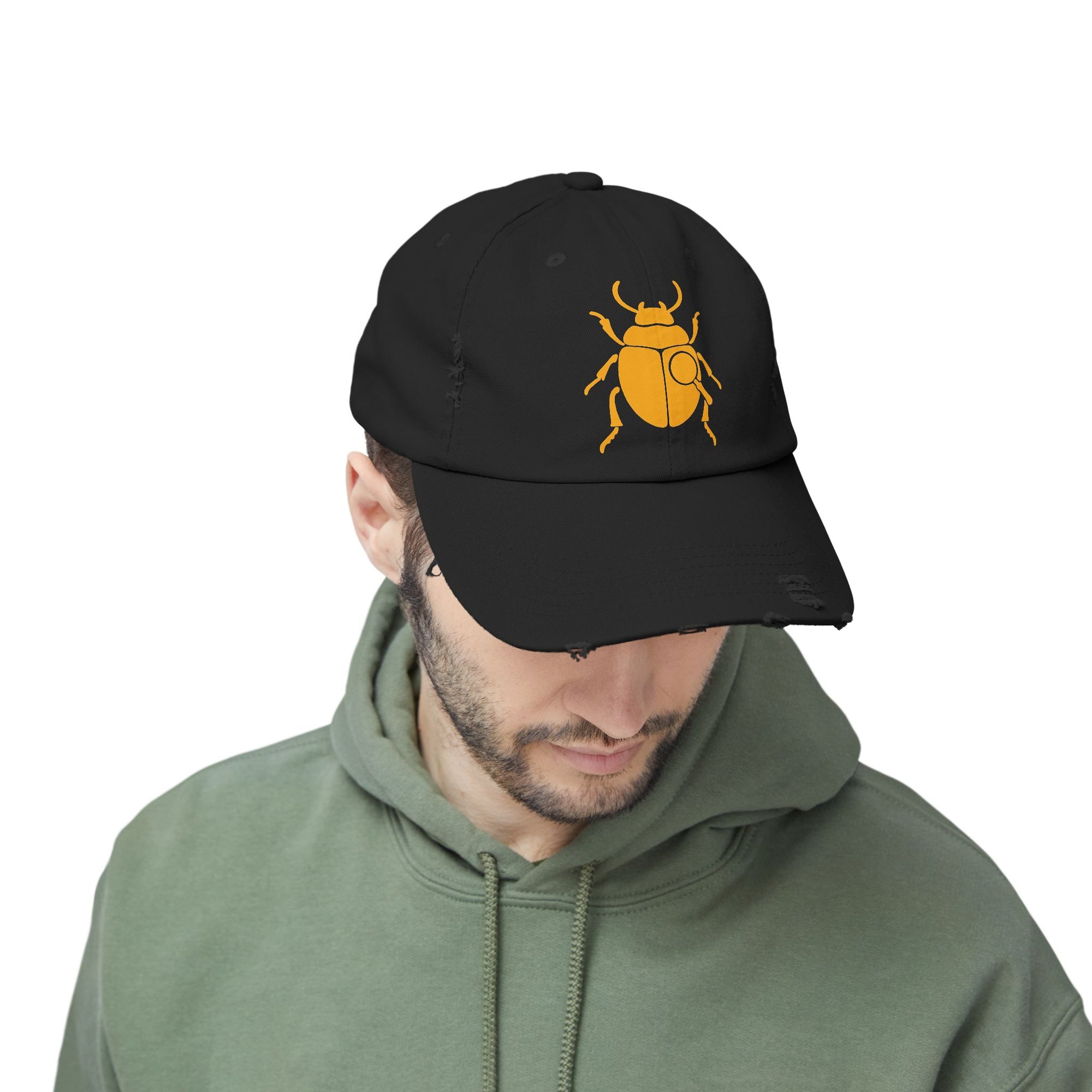 Classic Unisex Distressed Cap with Gold Beetle Embroidery – Retro Bug Design, Cool Streetwear Golden Insect Aesthetic Cap