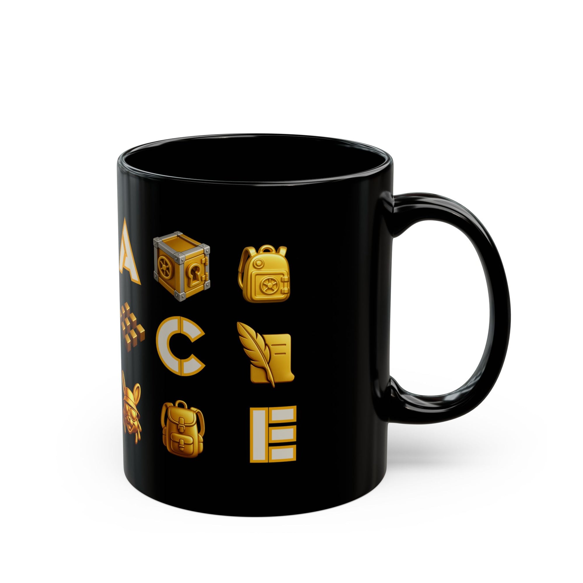 ACE Black Mug Golden Vault Game Symbols, Retro Gamer Puzzle Graphic Coffee Cup
