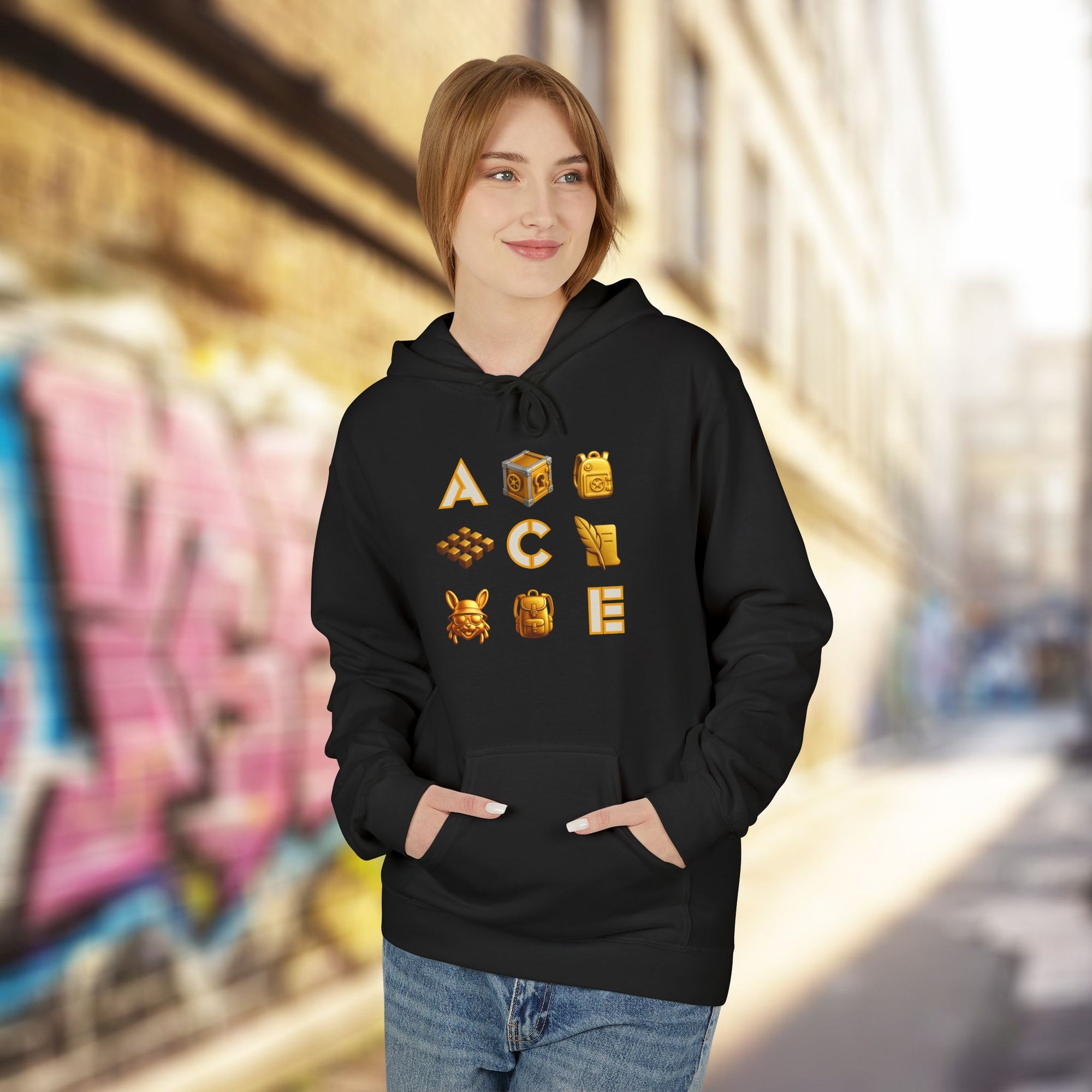 ACE Icon Hoodie – Golden Vault Game Symbols, Retro Gamer Puzzle Graphic Hoodie