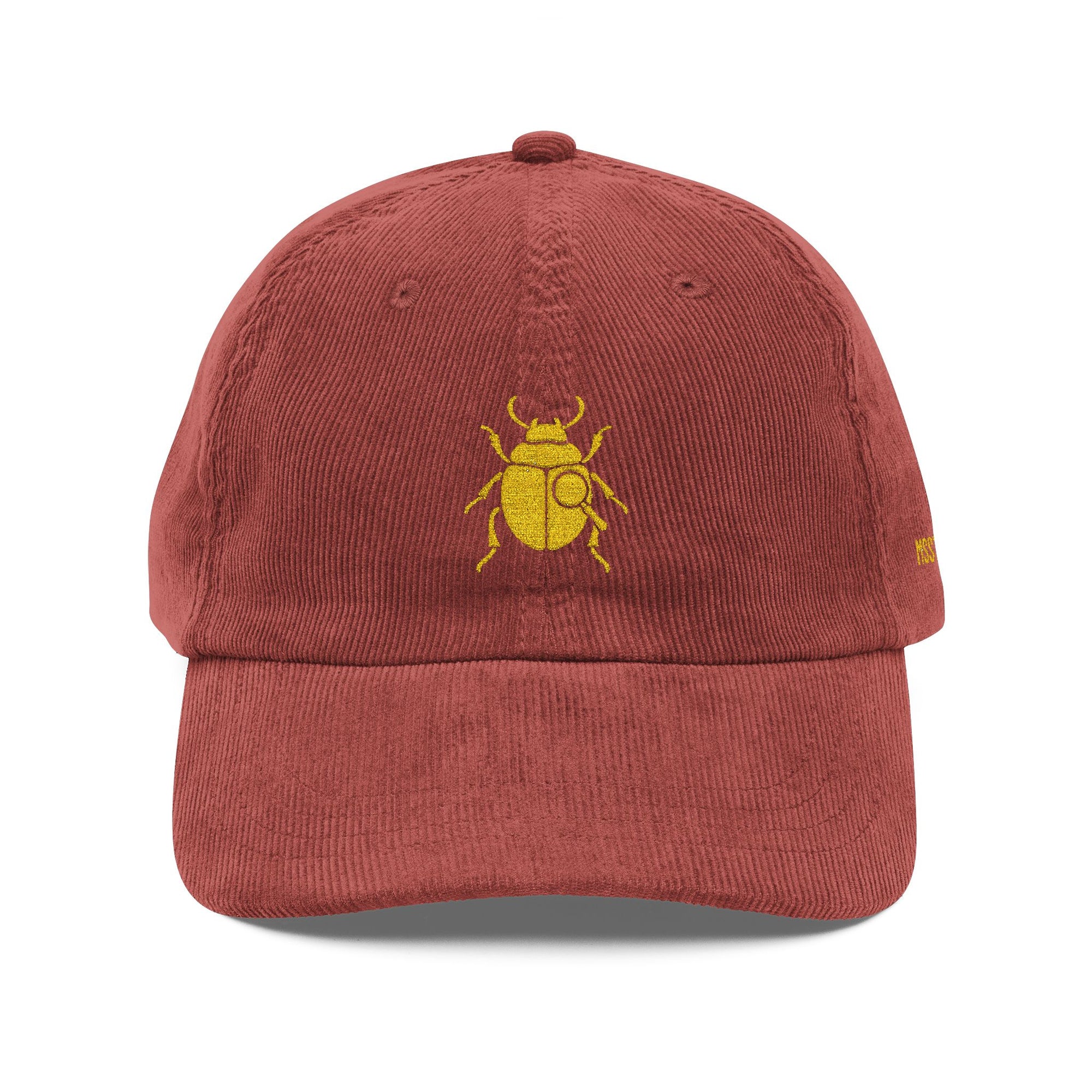 Vintage Corduroy Cap with Gold Beetle Embroidery – Retro Bug Design, Cool Streetwear Golden Insect Aesthetic Cap
