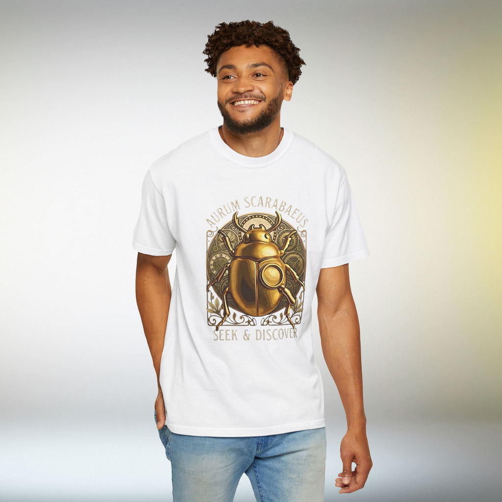 Golden Scarab T Shirt Aurum Scarabaeus | Seek & Discover Graphic Tee | Mystical Beetle Symbol Shirt | Unisex Vintage Art Tee