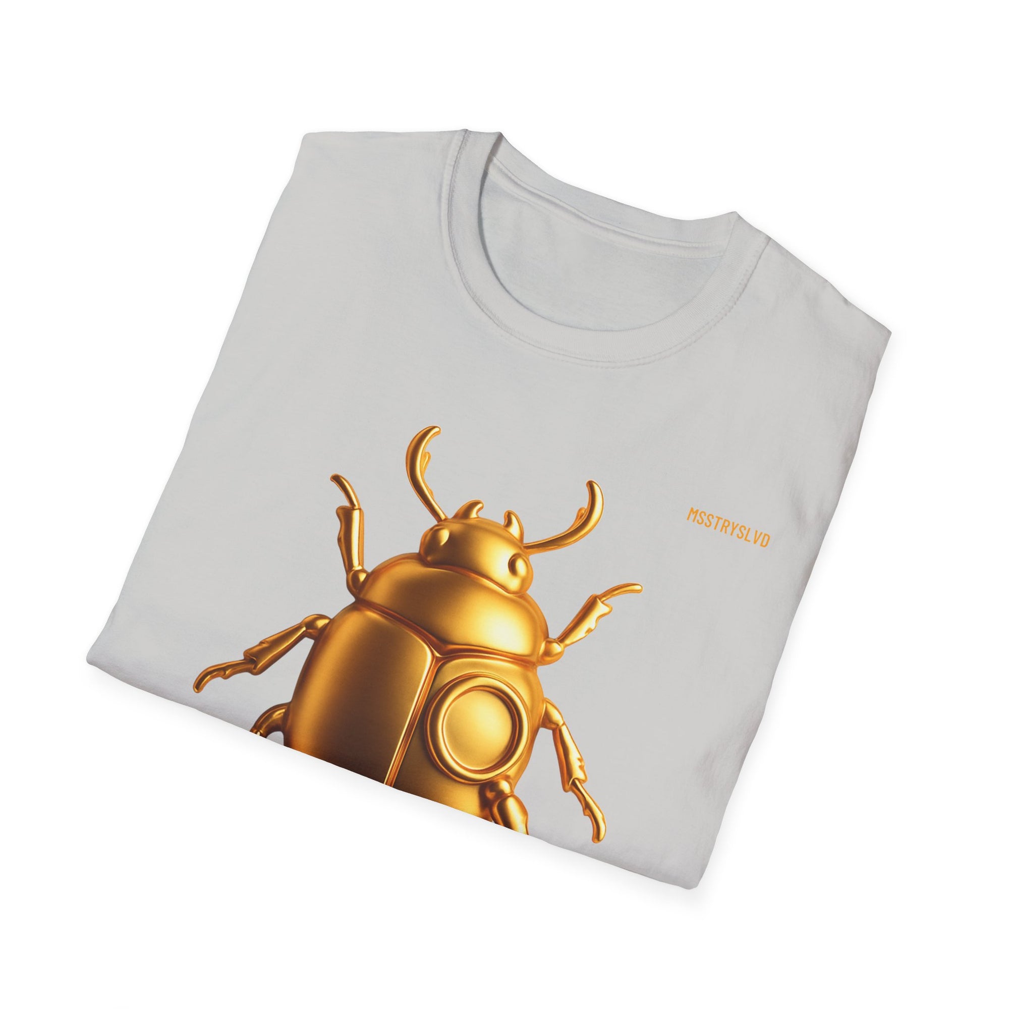 Gold Scarab Beetle T-Shirt – Futuristic Metallic Insect Graphic Print Tee | Golden Beetle Mystery | Streetwear Unisex T-Shirt