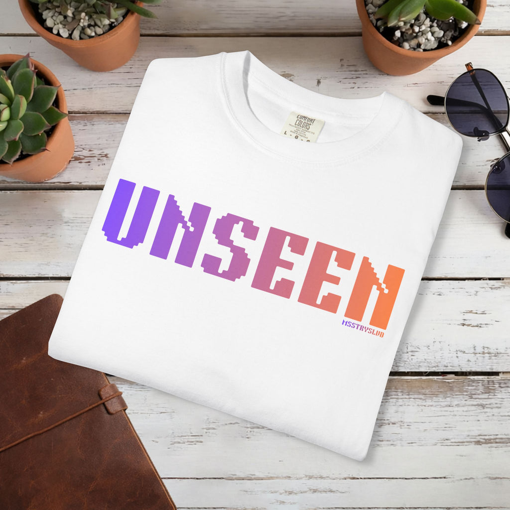 UNSEEN Graphic T Shirt Aesthetic Streetwear Tee, Retro Pixel Unisex Minimal Typography Statement Shirt, Travel Pastel Fashion Top