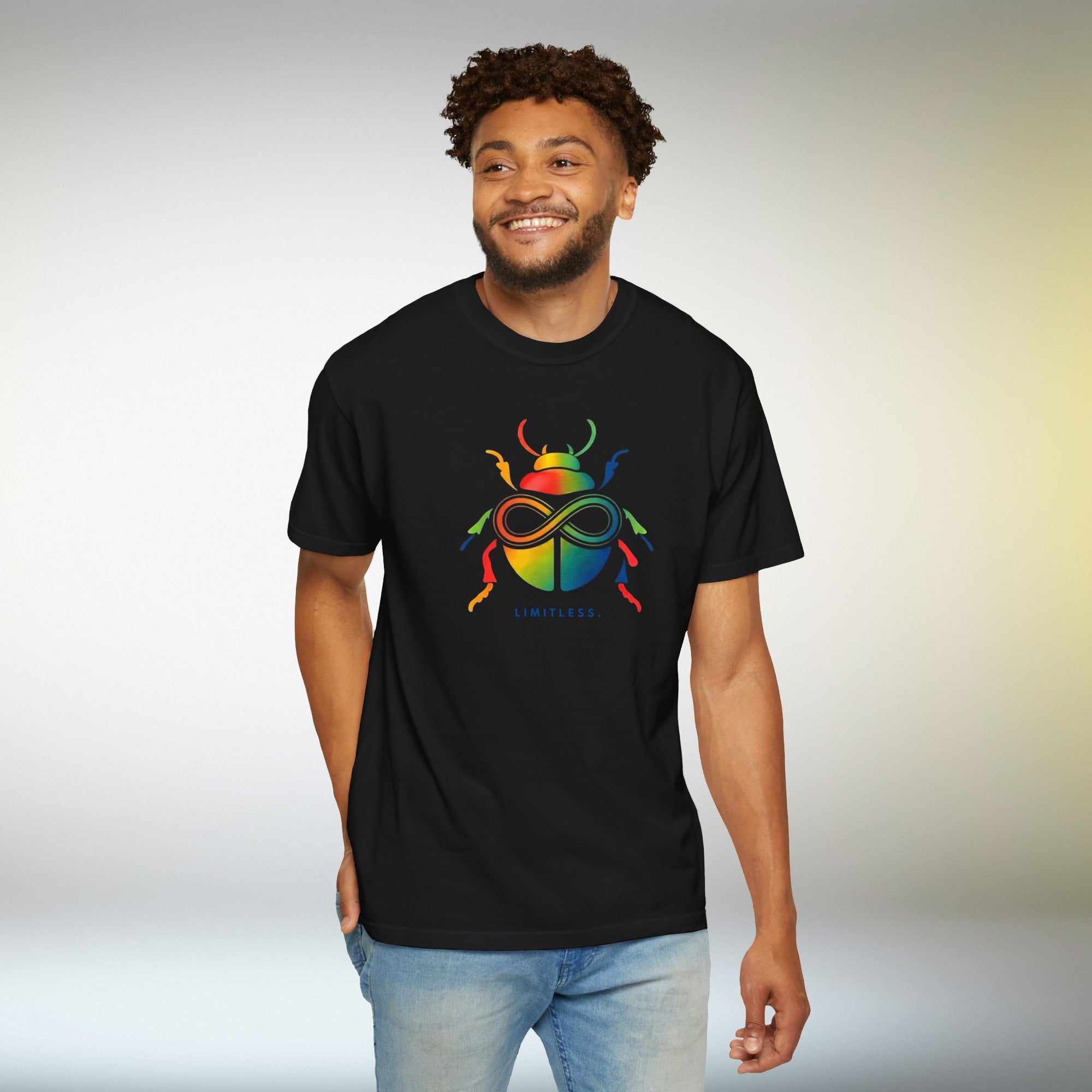 Limitless Beetle T Shirt | Infinity Symbol Graphic Tee | Colorful Scarab Art Shirt | Motivational Streetwear T-Shirt | Unisex Tee