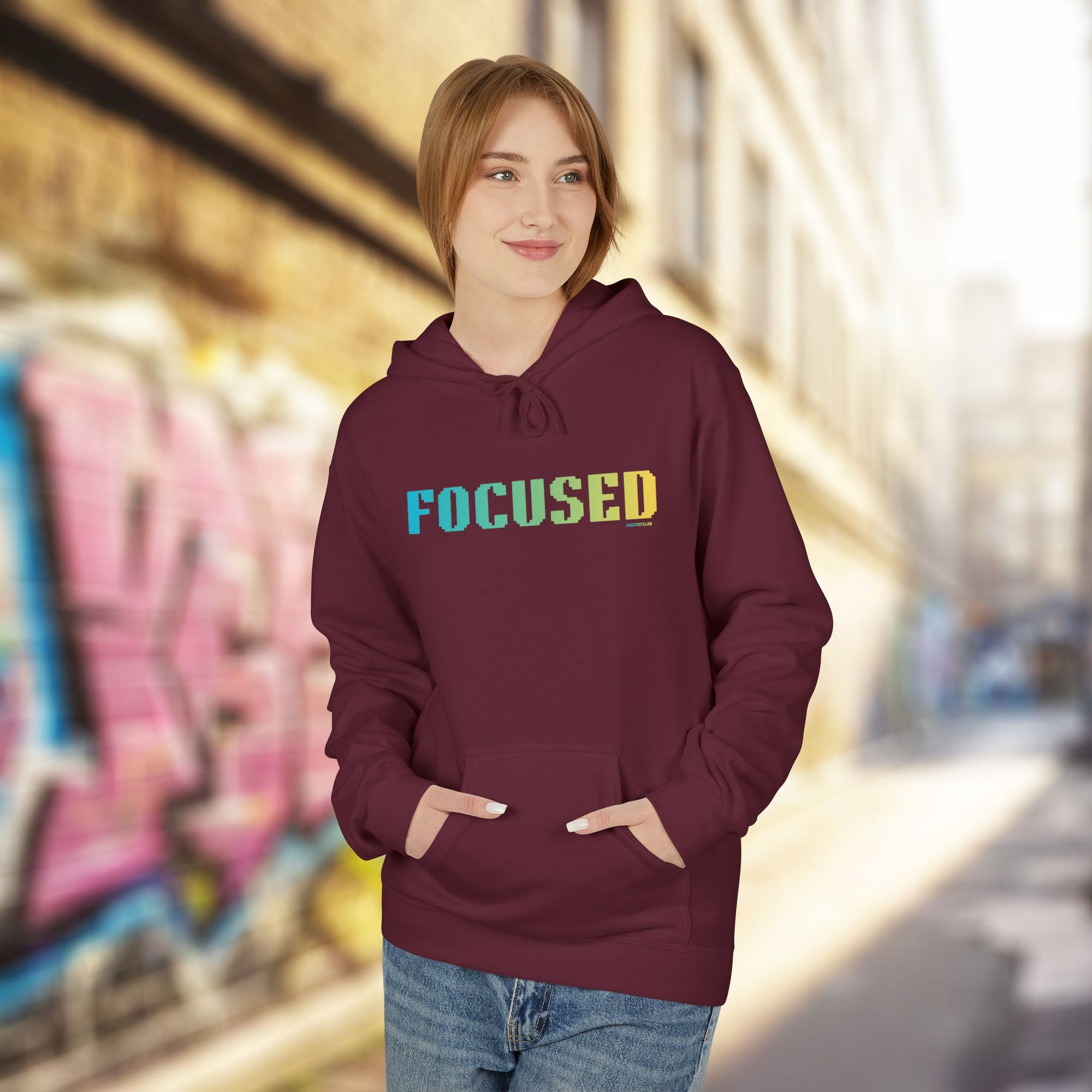 Focused Bold Big Quote Hoodie | Bold Colorful Print Retro Graphic Pullover