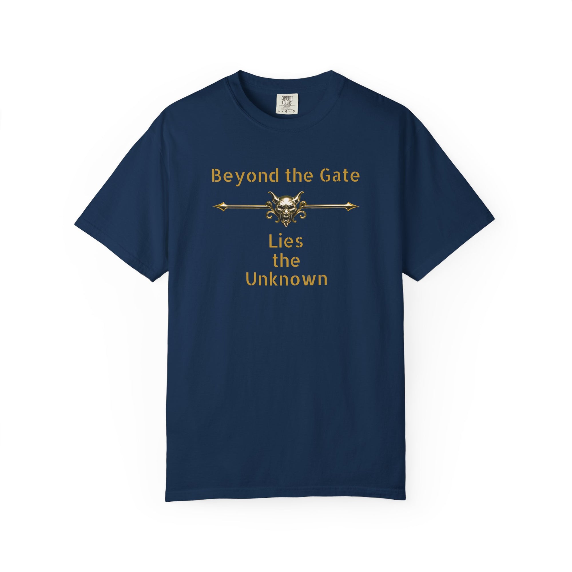 Beyond the Gate Lies the Unknown T-Shirt – MSSTRYSLVD® Gold Vault Edition | Dark Fantasy Streetwear for Fearless Players