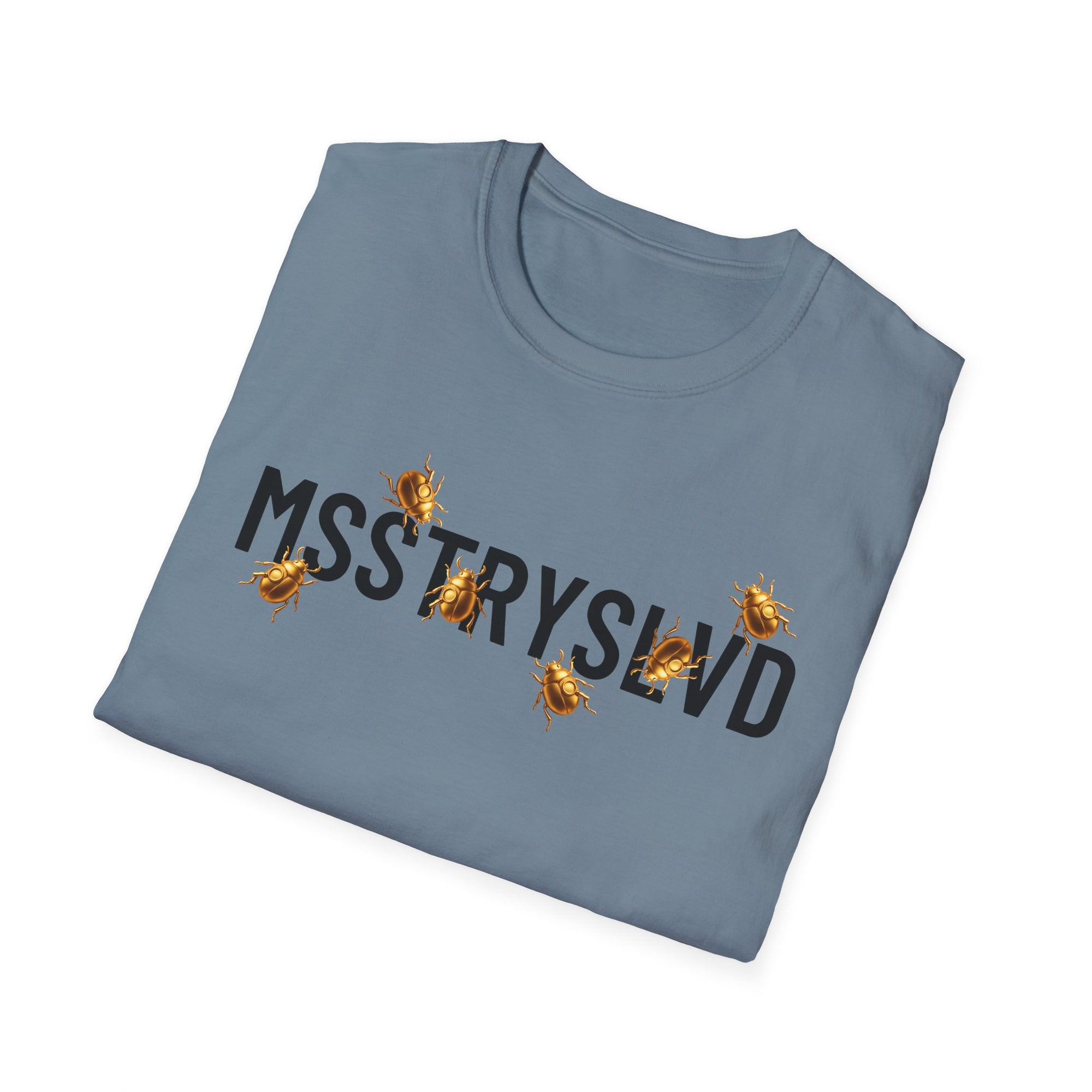 MSSTRYSLVD Golden Beetle T-Shirt – Graphic Tee, Aesthetic Mystery Shirt, Bold Typography Unisex Top, Cryptic Insect Design