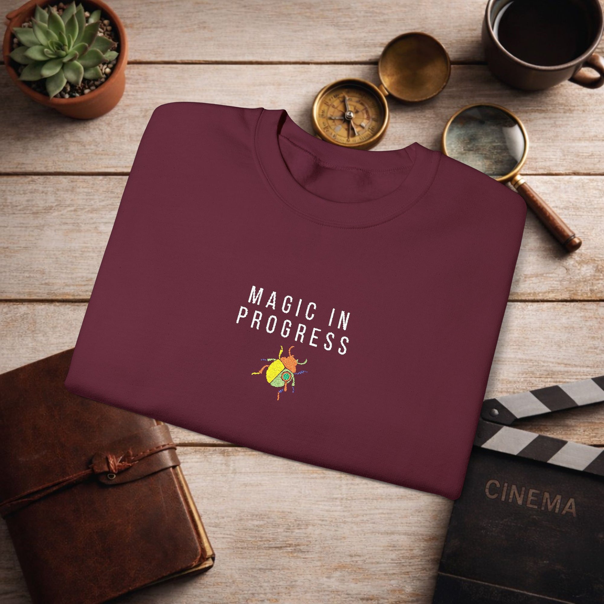 Magic in Progress Embroidered Sweatshirt | Minimal Motivational Crewneck, Premium Unisex Embroidery, Cozy Everyday Wear
