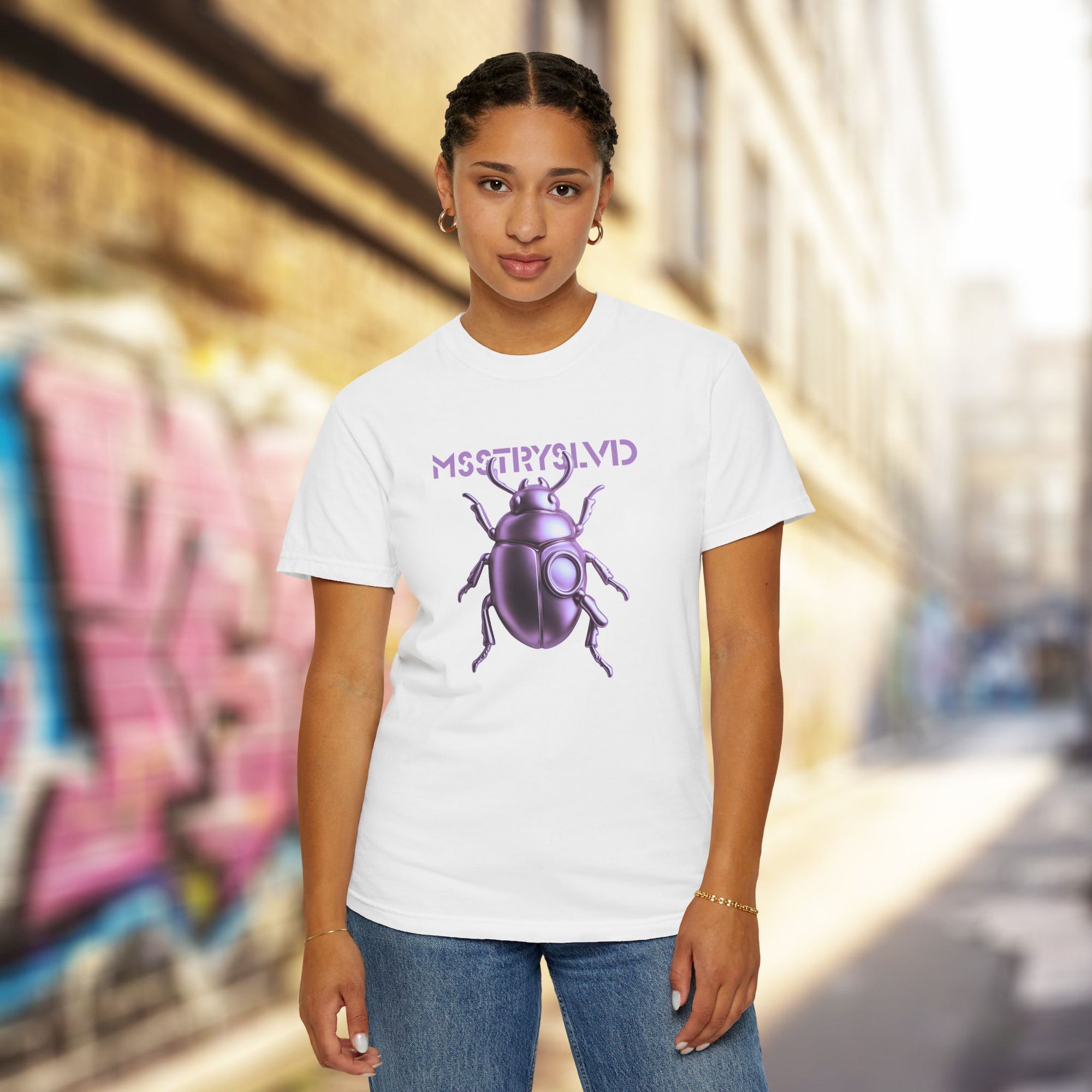 Cyber Beetle Graphic T-Shirt – Futuristic Insect Streetwear Tee, Neon Purple Bug Design Techwear Top For Men & Women