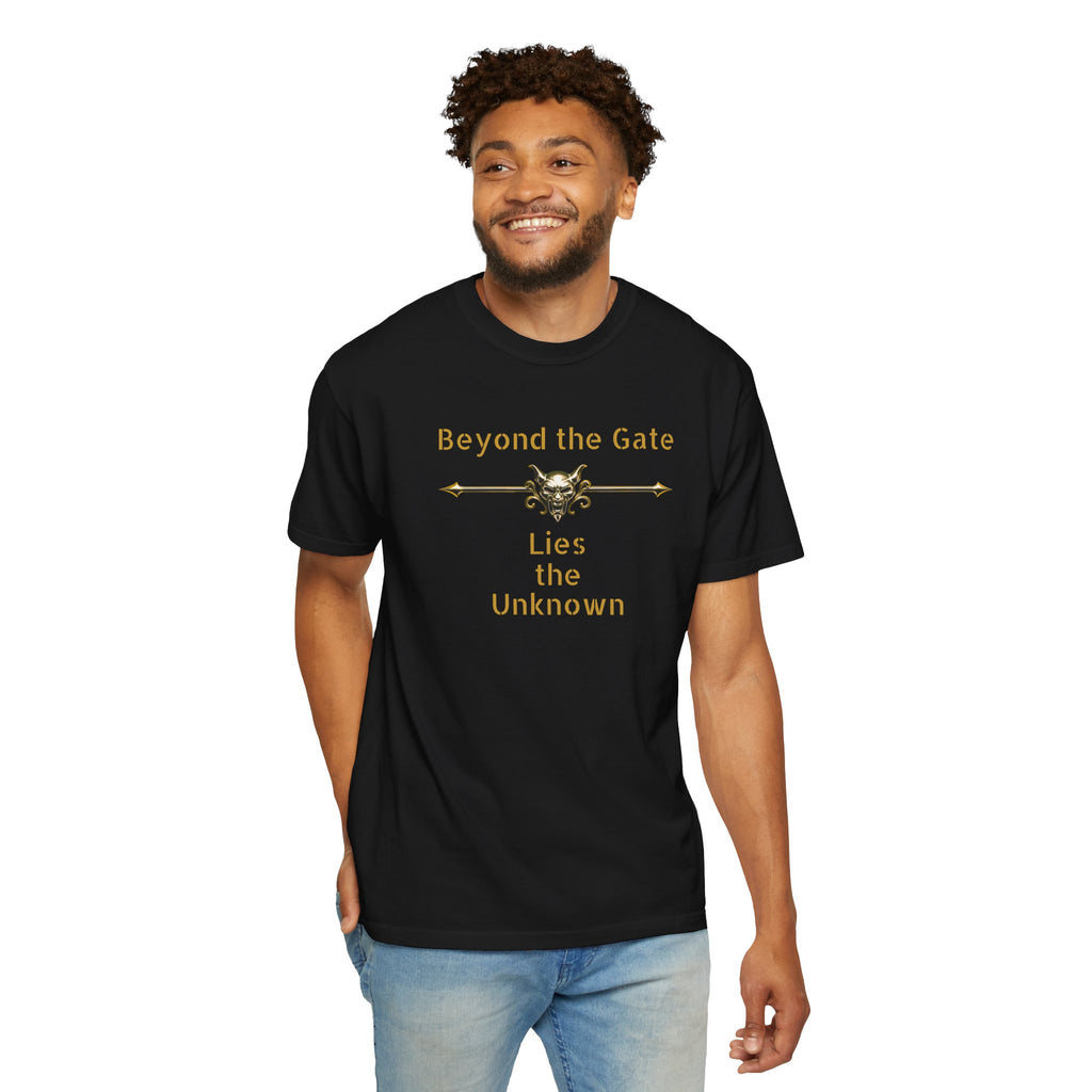 Beyond the Gate Lies the Unknown T-Shirt – MSSTRYSLVD® Gold Vault Edition | Dark Fantasy Streetwear for Fearless Players