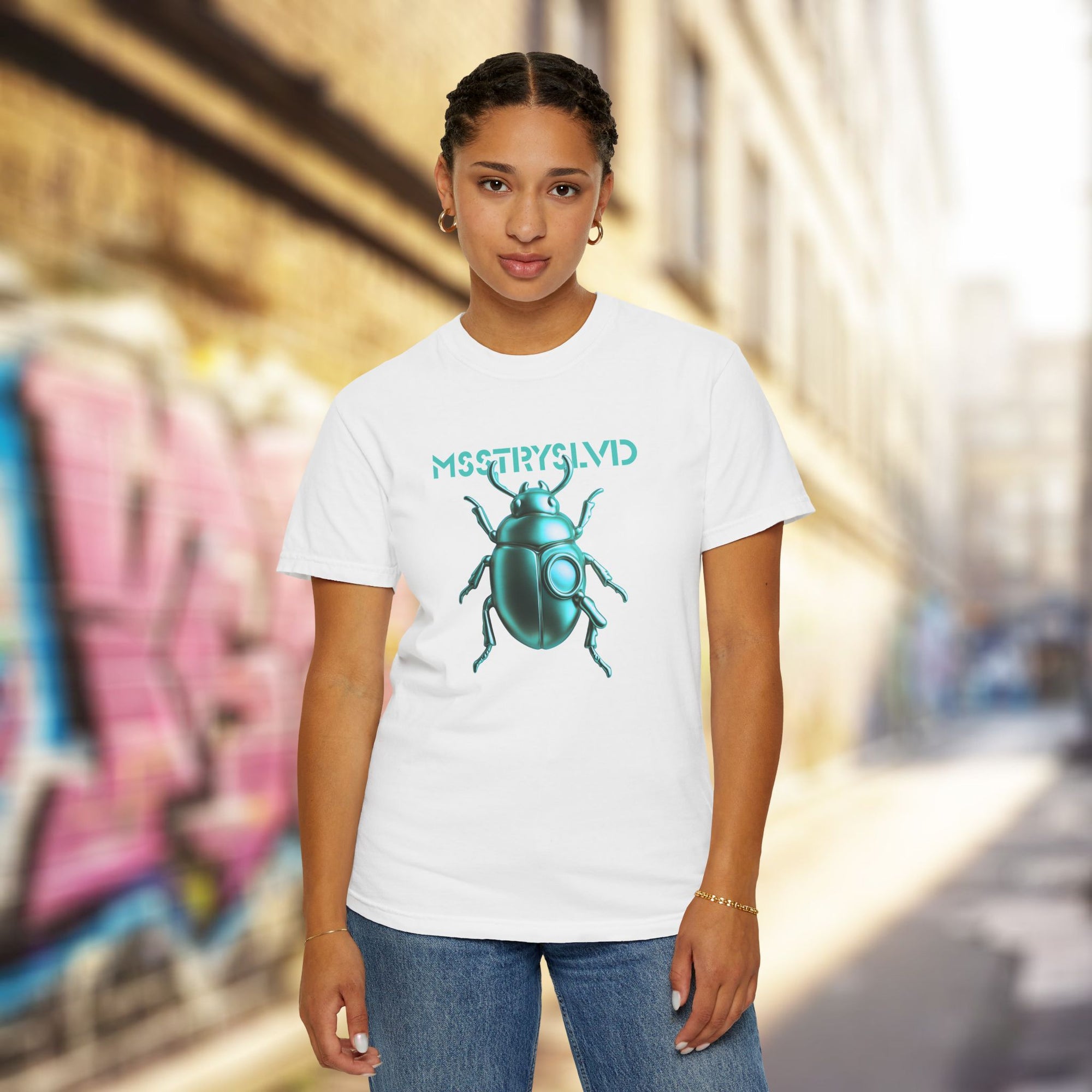 Cyber Beetle Graphic T-Shirt – Futuristic Insect Streetwear Tee, Neon Blue Bug Design Techwear Top For Men & Women
