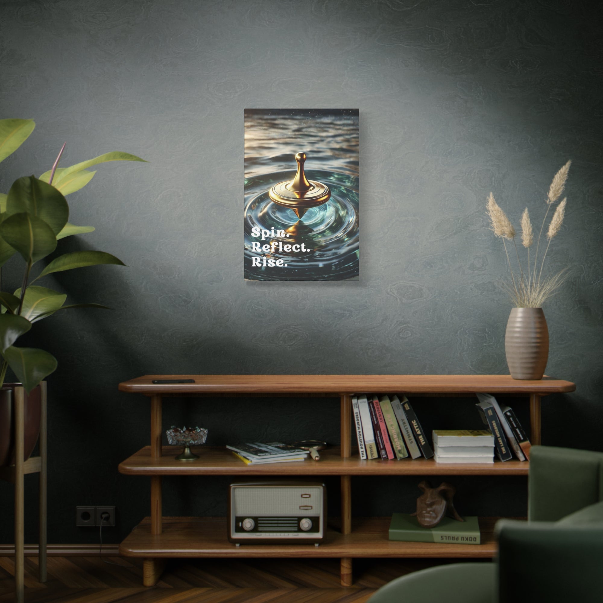Spin. Reflect. Rise. Success & Resilience Motivational Canvas | Golden Spinning Top Wall Art 20″ x 30″ (Vertical)
