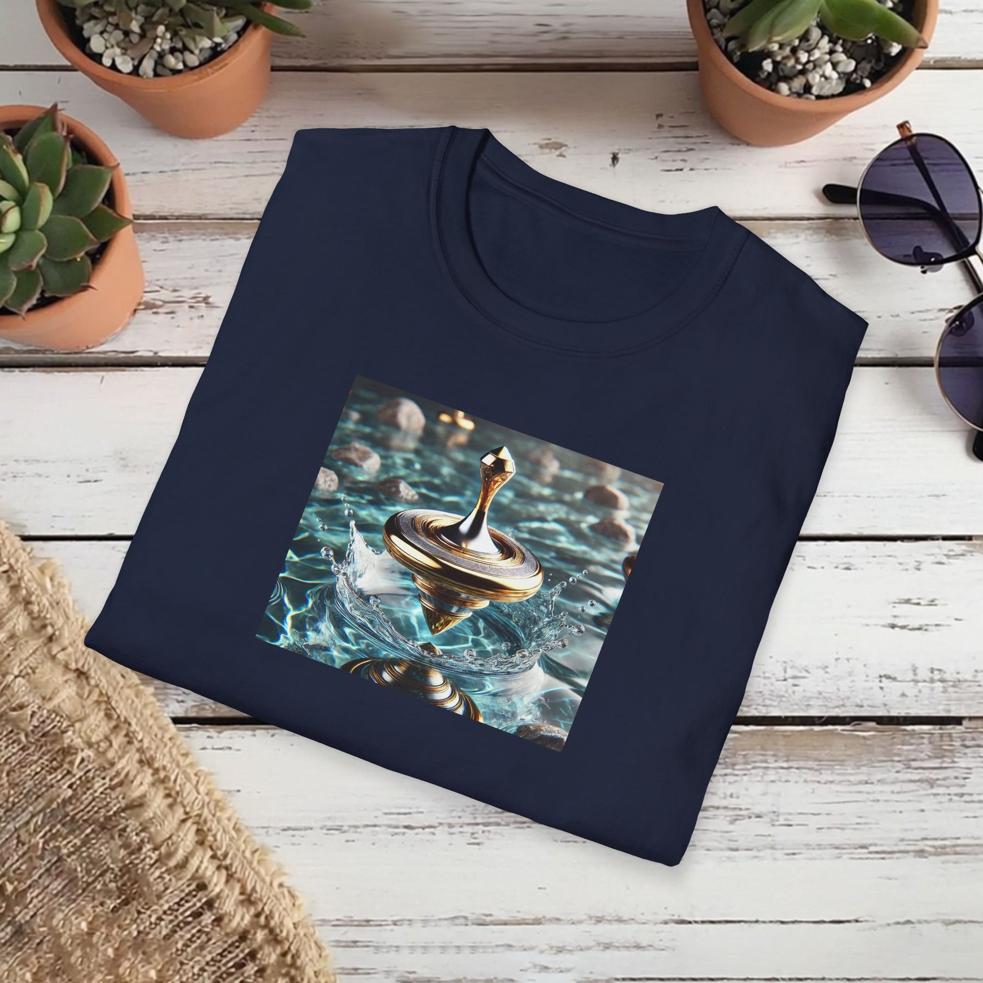 Golden Motion T-Shirt – Lux Surreal Spinning Top Art | Balance & Brilliance Graphic Tee