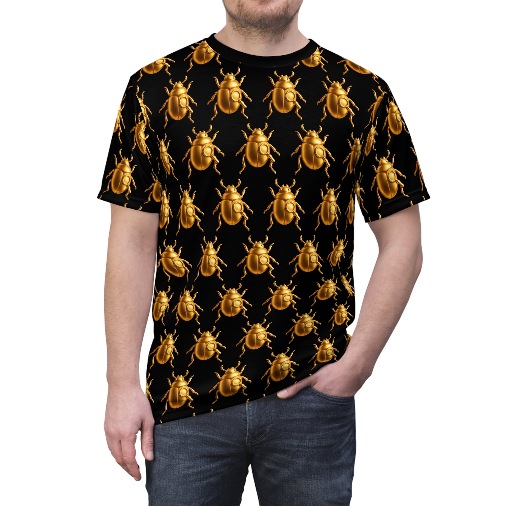 Golden Beetle T-Shirt – Scarab Pattern Tee, Bold Full Graphic Shirt, Streetwear Unisex Cut & Sew Tee
