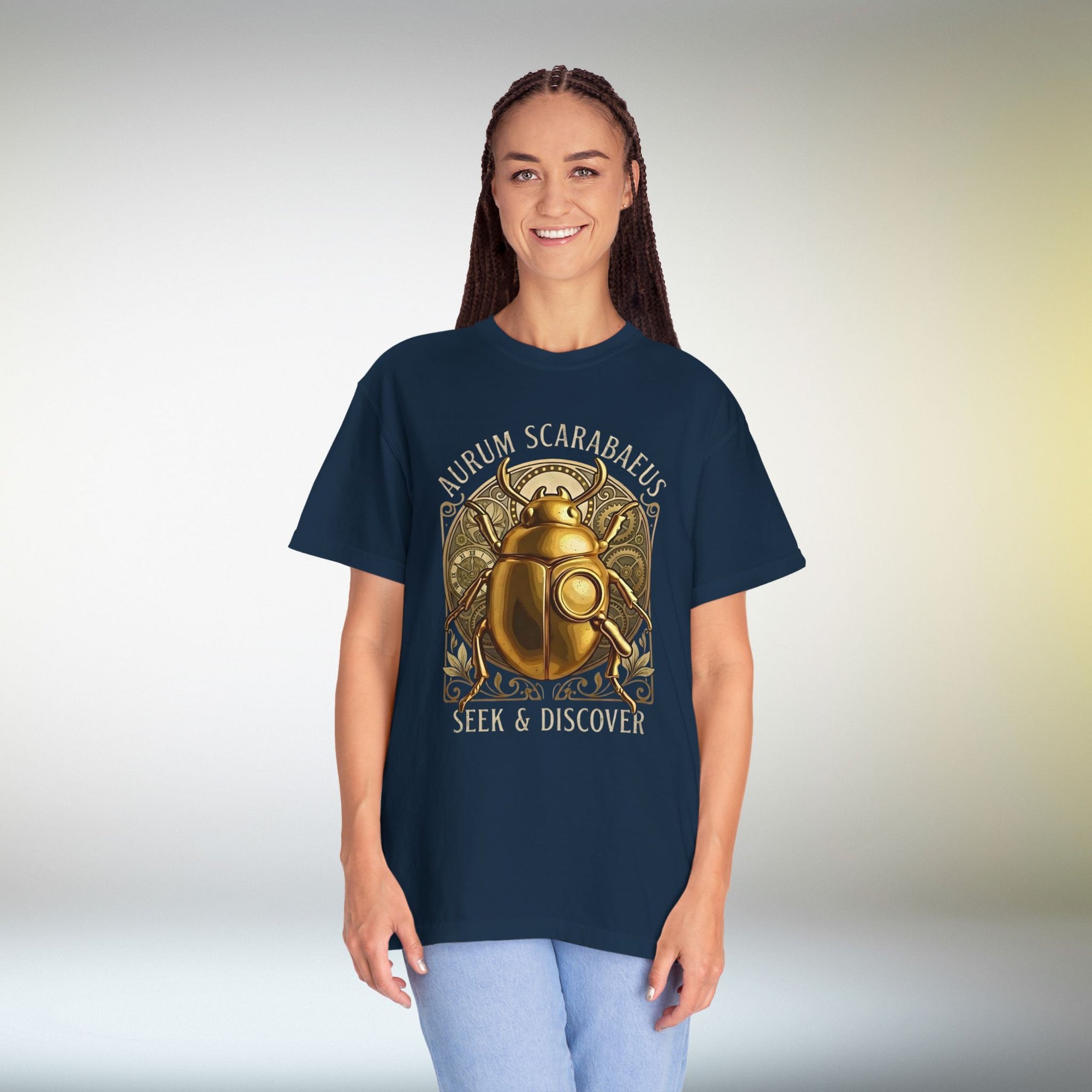 Golden Scarab T Shirt Aurum Scarabaeus | Seek & Discover Graphic Tee | Mystical Beetle Symbol Shirt | Unisex Vintage Art Tee