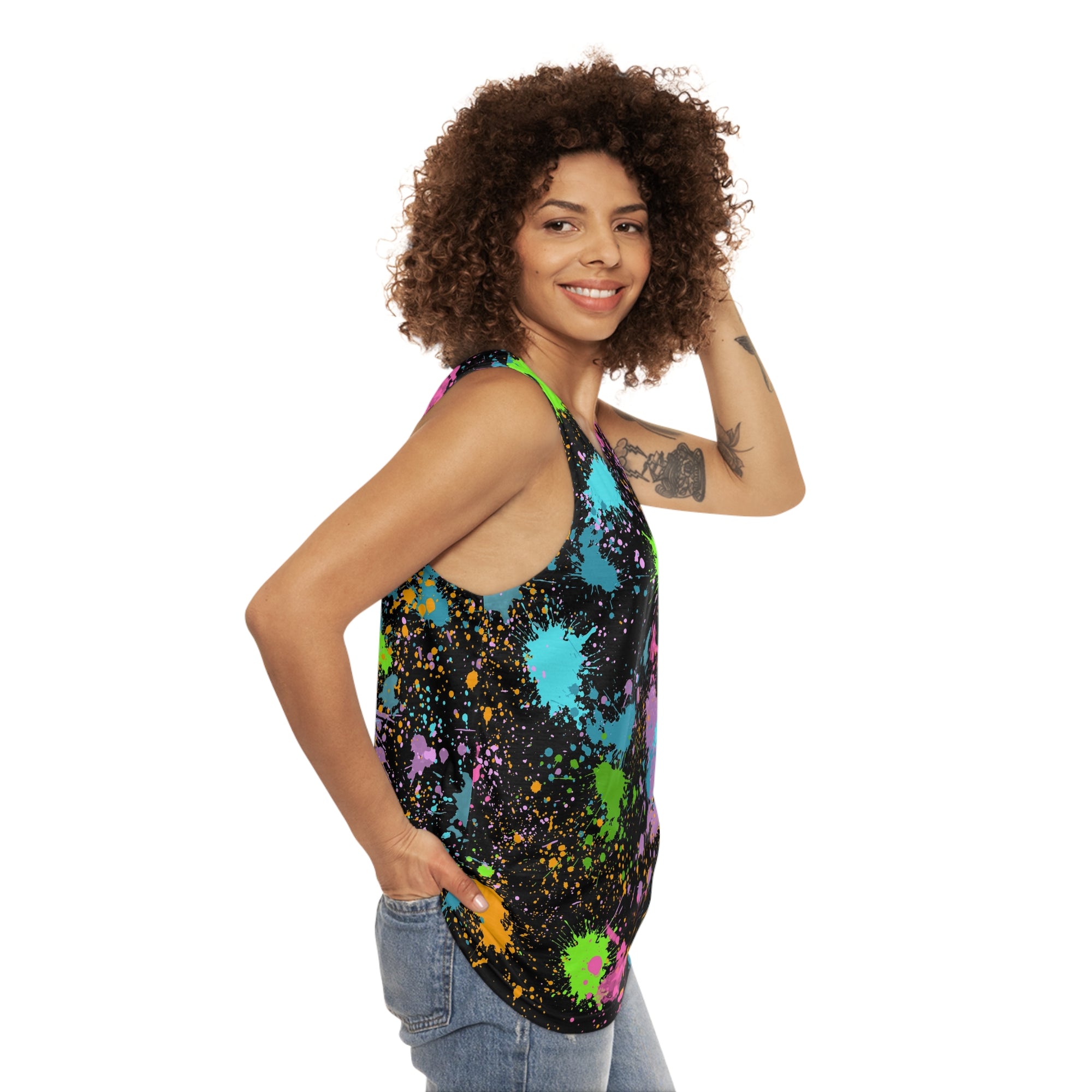 Unisex Tank Top Neon Paint Splatter | Colourful Graphic Top Festival Rave Streetwear