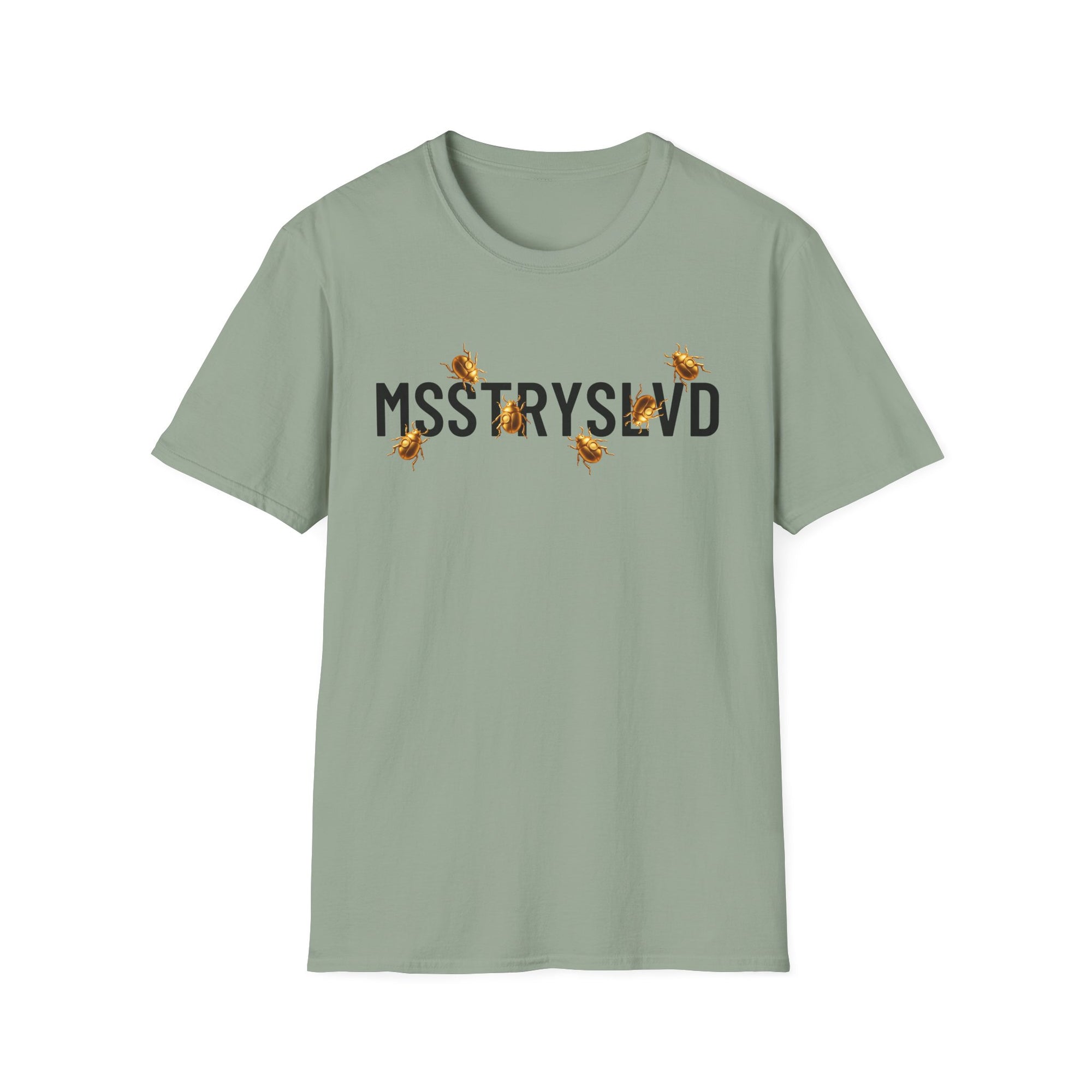 MSSTRYSLVD Golden Beetle T-Shirt – Graphic Tee, Aesthetic Mystery Shirt, Bold Typography Unisex Top, Cryptic Insect Design