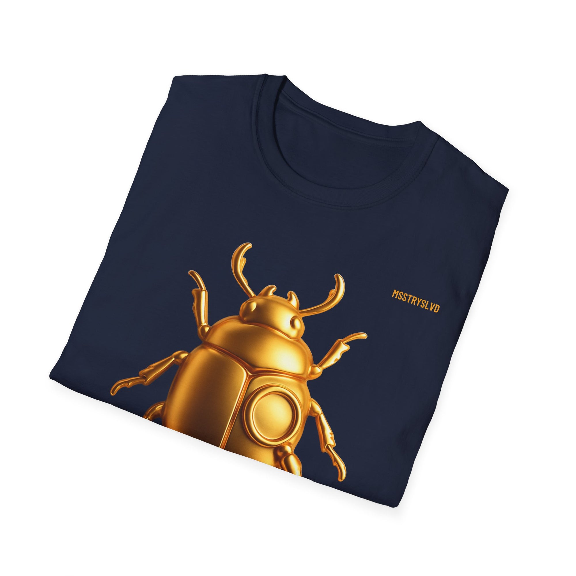 Gold Scarab Beetle T-Shirt – Futuristic Metallic Insect Graphic Print Tee | Golden Beetle Mystery | Streetwear Unisex T-Shirt