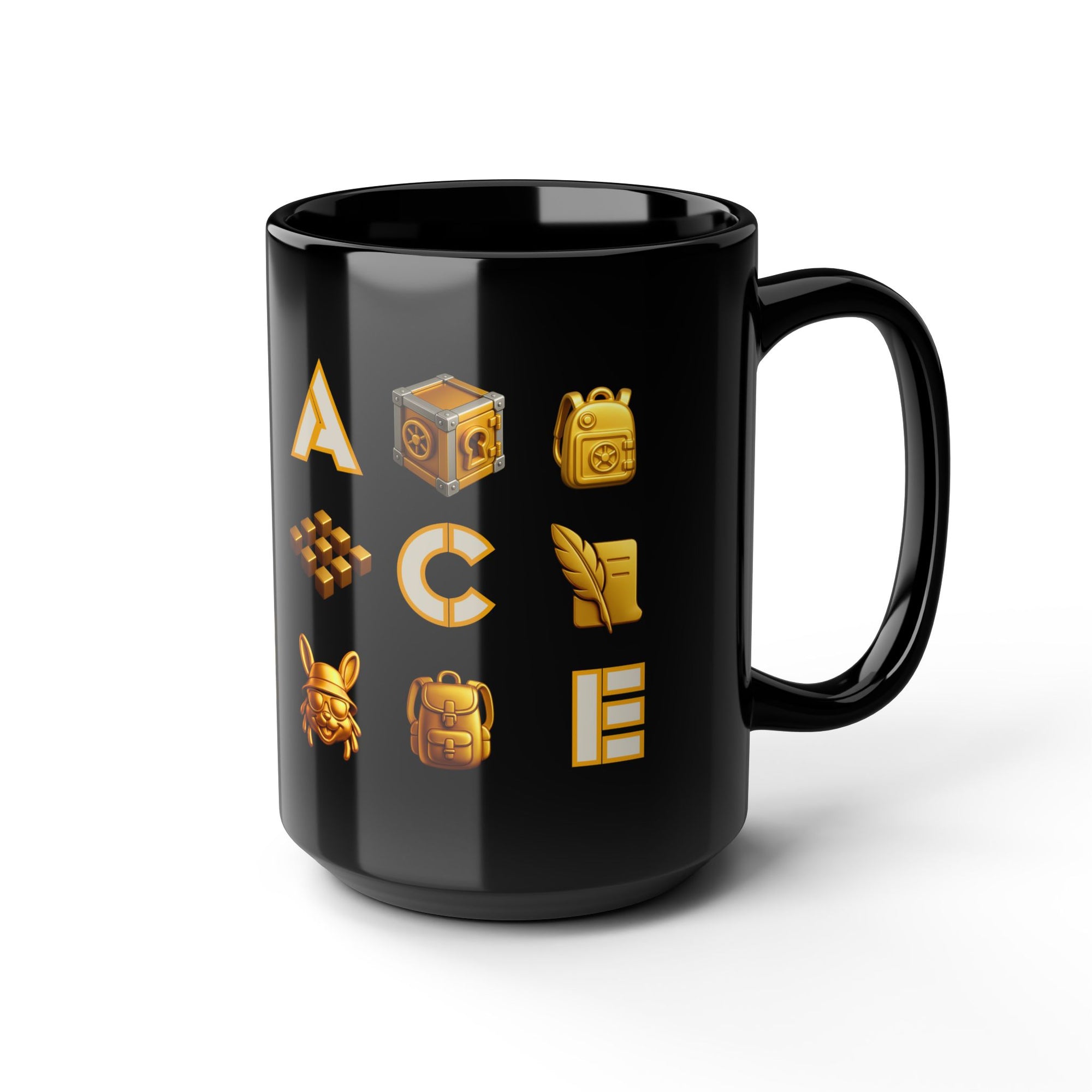 ACE Black Mug Golden Vault Game Symbols, Retro Gamer Puzzle Graphic Coffee Cup