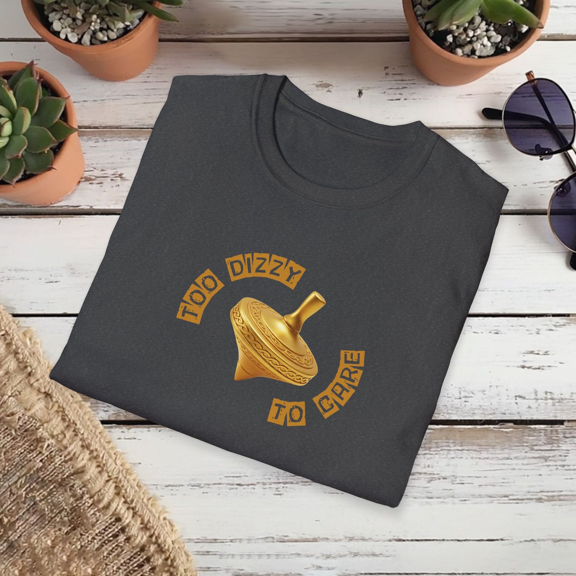 Too Dizzy to Care T-Shirt – Funny Spinning Top Graphic Tee | Quirky Gift for Friends