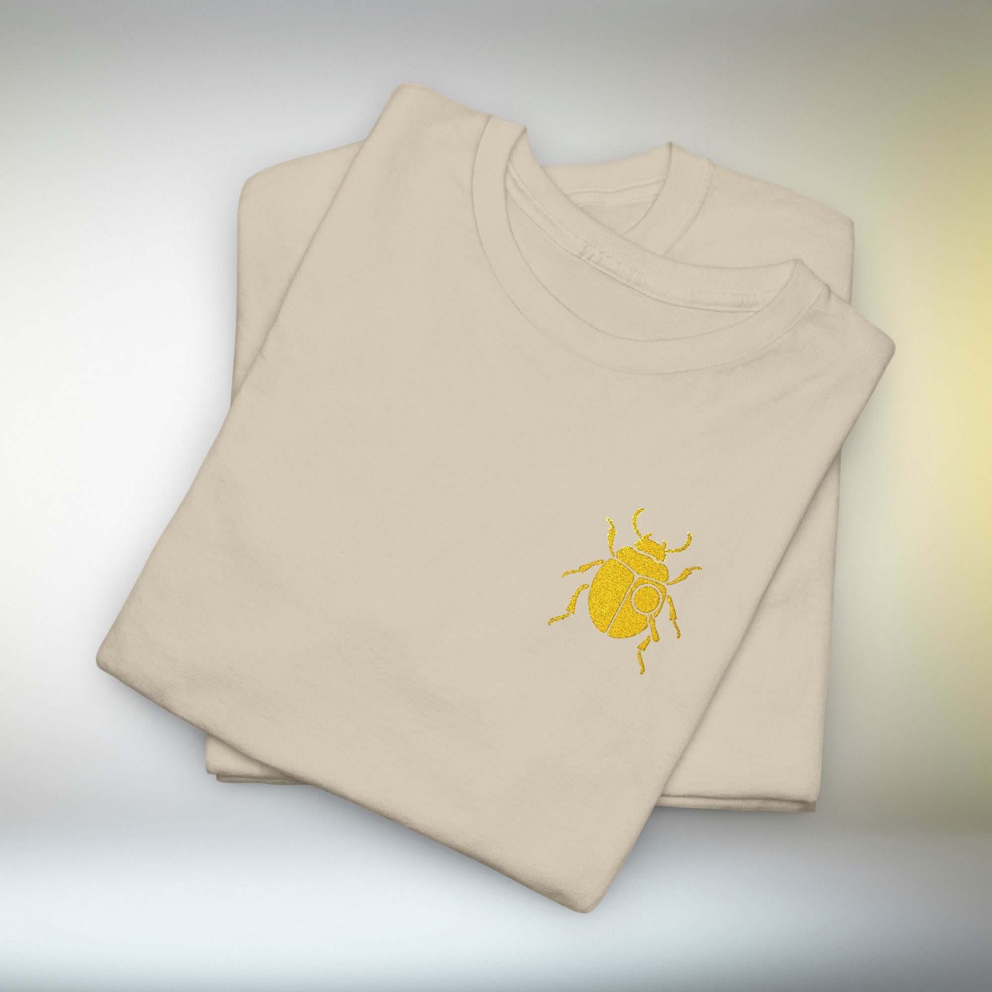 Gold Scarab Beetle Embroidered T-Shirt – Steampunk Insect Design, Unique Golden Bug Cotton Tee for Men & Women