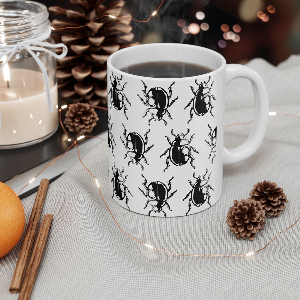 MSSTRYSLVD Scarab Pattern Mug – 11oz Ceramic Cup for Mystery Lovers, Timeline Travelers & Aesthetic Drinkware Collectors