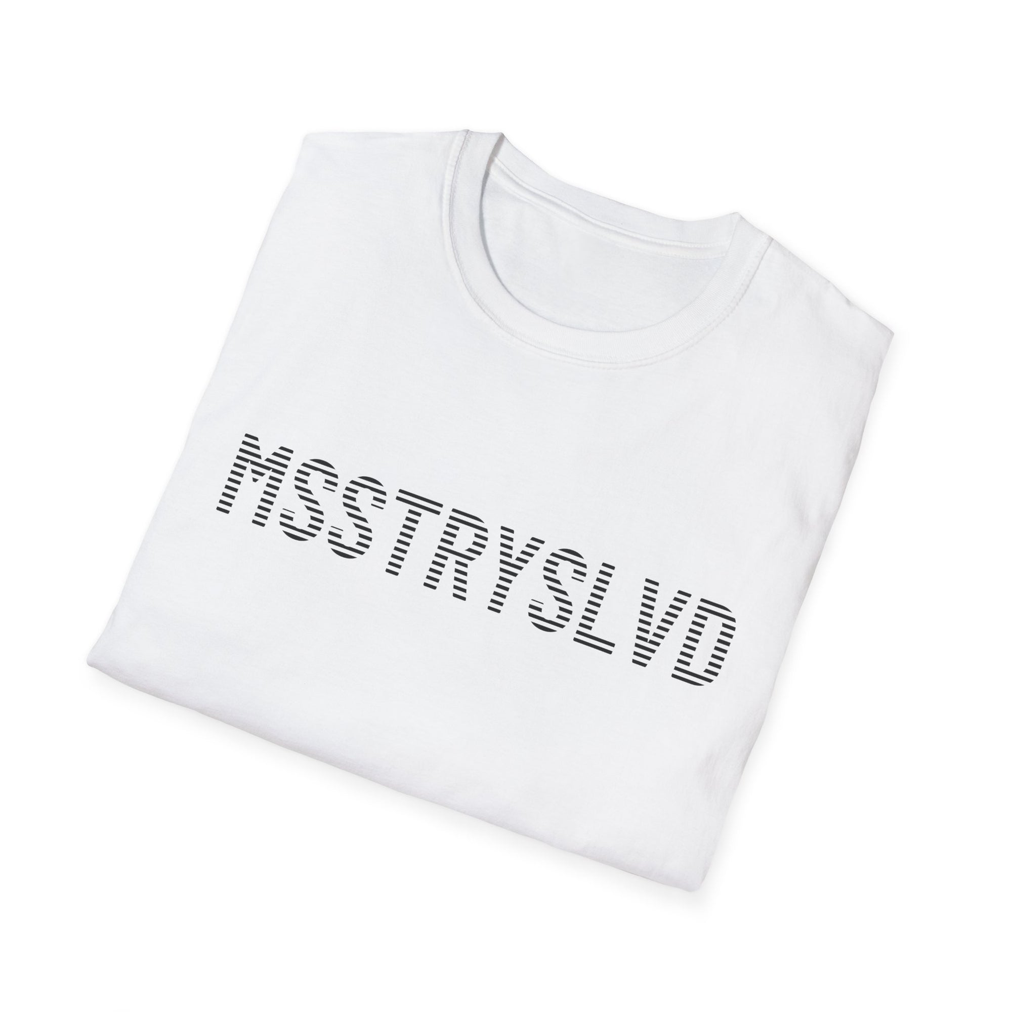 MSSTRYSLVD Word Stripe Graphic T-Shirt – Industrial Font Design Tee, Bold Text Unisex Shirt, Typography Lovers Gift, Minimalist Urban Style