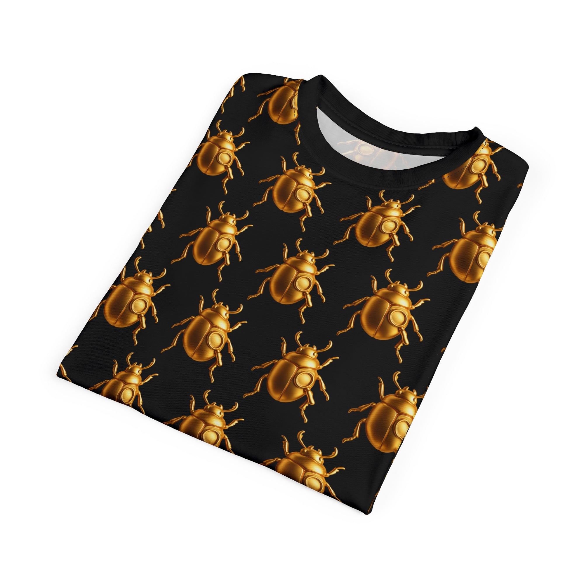 Golden Beetle T-Shirt – Scarab Pattern Tee, Bold Full Graphic Shirt, Streetwear Unisex Cut & Sew Tee