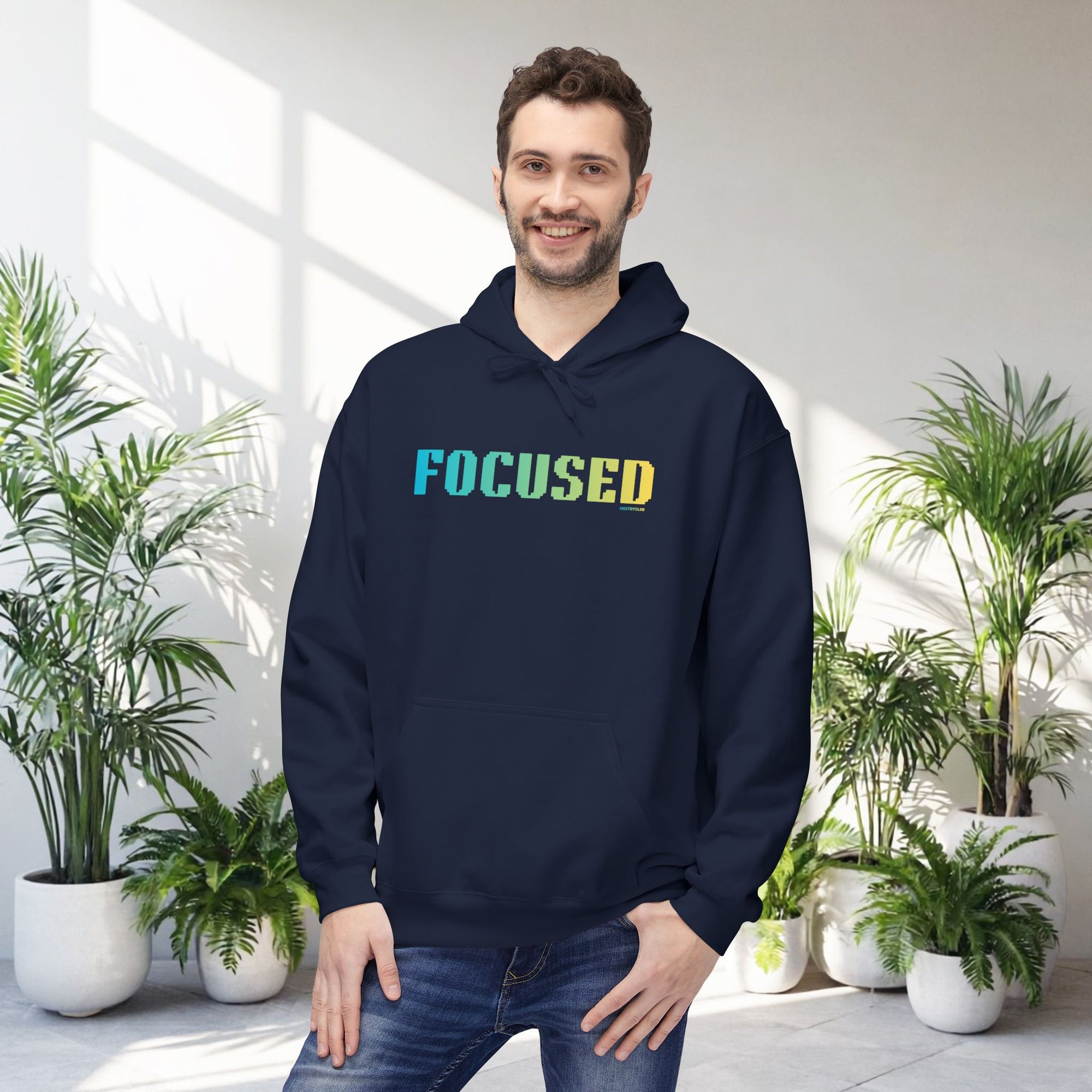 Focused Bold Big Quote Hoodie | Bold Colorful Print Retro Graphic Pullover