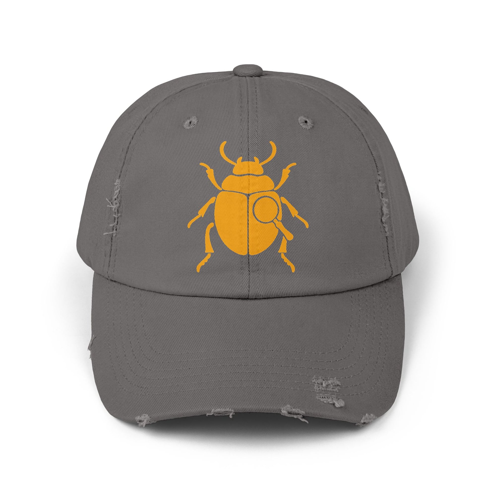Classic Unisex Distressed Cap with Gold Beetle Embroidery – Retro Bug Design, Cool Streetwear Golden Insect Aesthetic Cap