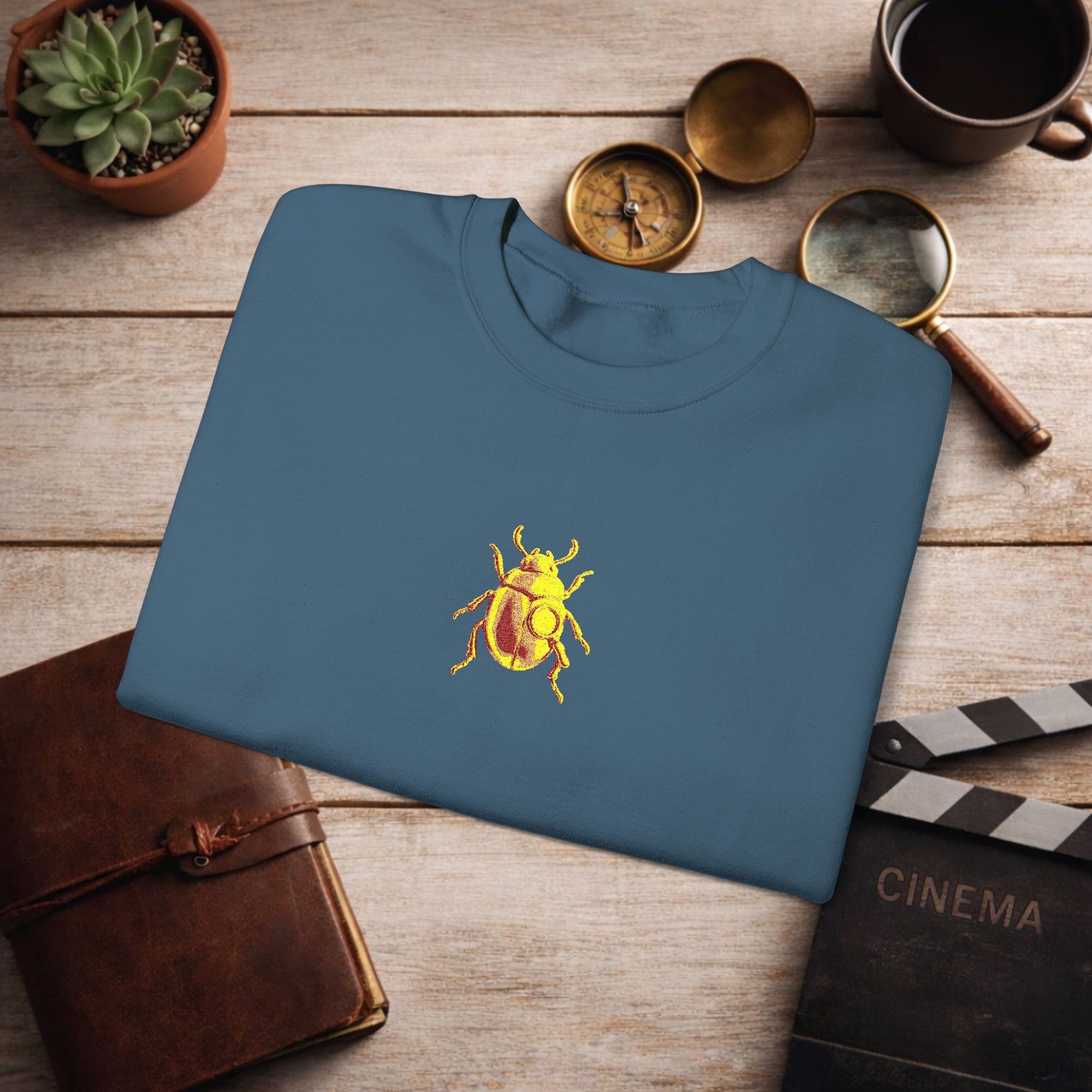 Embroidered Golden Beetle Sweatshirt | Minimal Mystery Insect Design | Unisex Long Sleeve Crewneck | Retro Aesthetic Streetwear