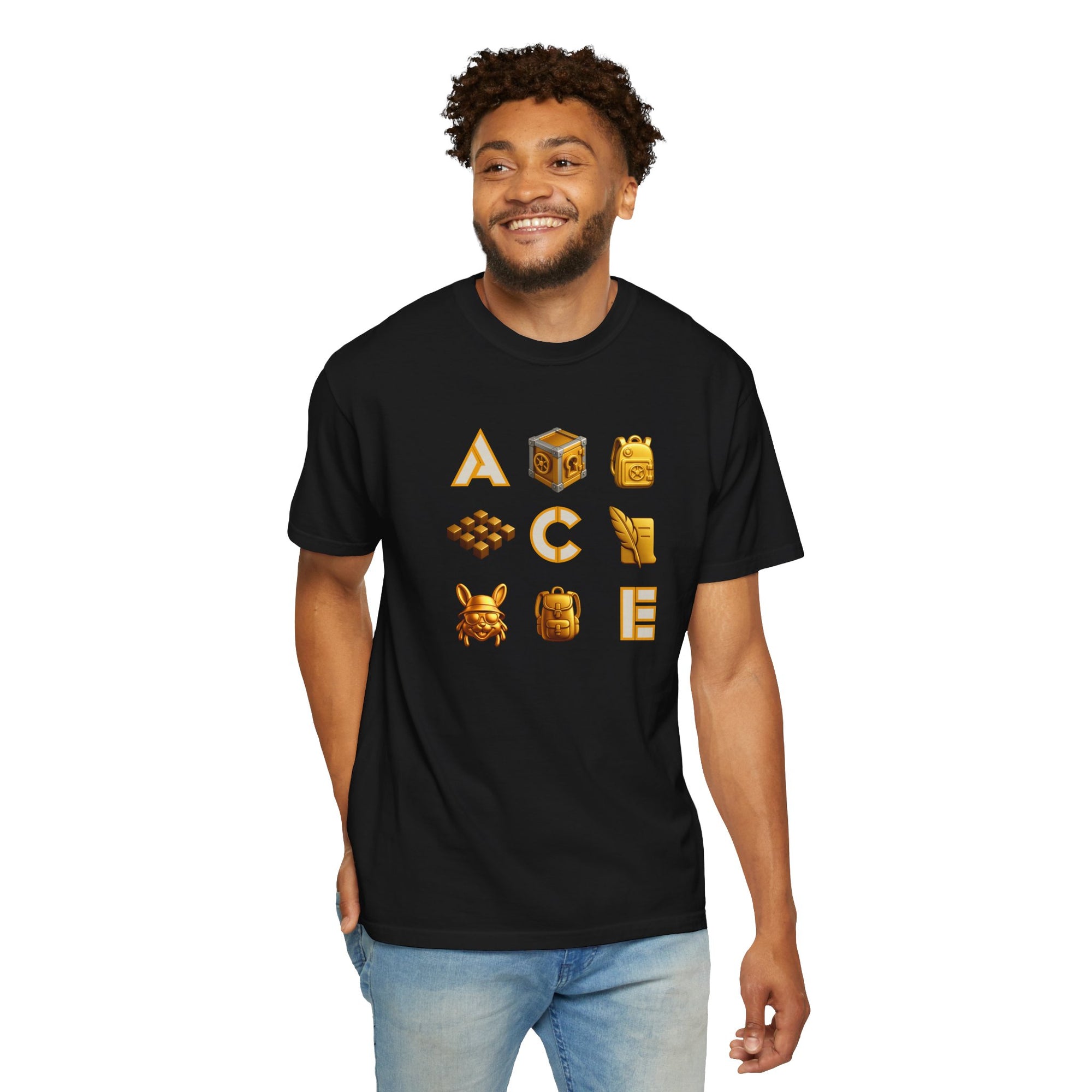 ACE Icon Tee – Golden Vault Game Symbols, Retro Gamer Puzzle Graphic T Shirt