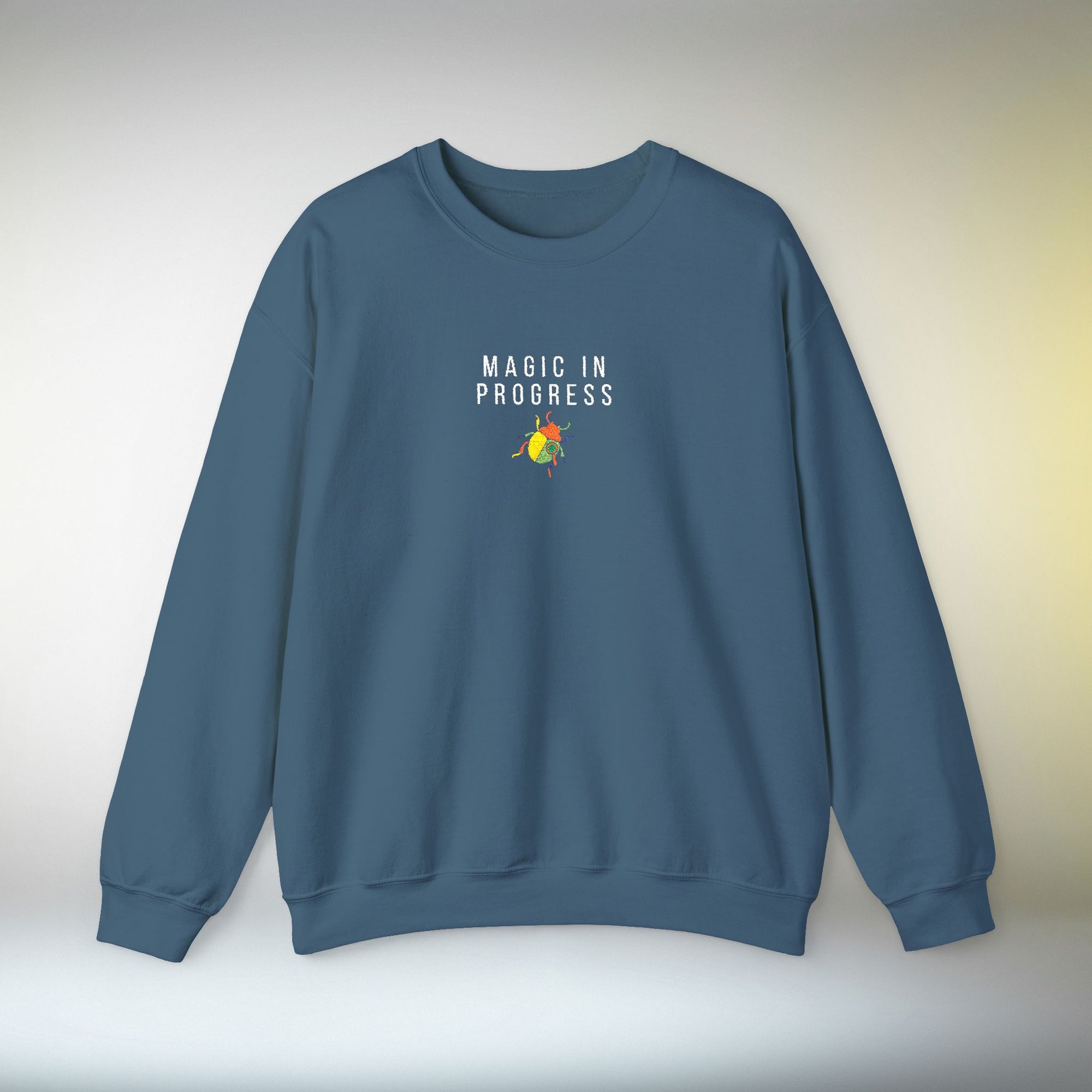 Magic in Progress Embroidered Sweatshirt | Minimal Motivational Crewneck, Premium Unisex Embroidery, Cozy Everyday Wear