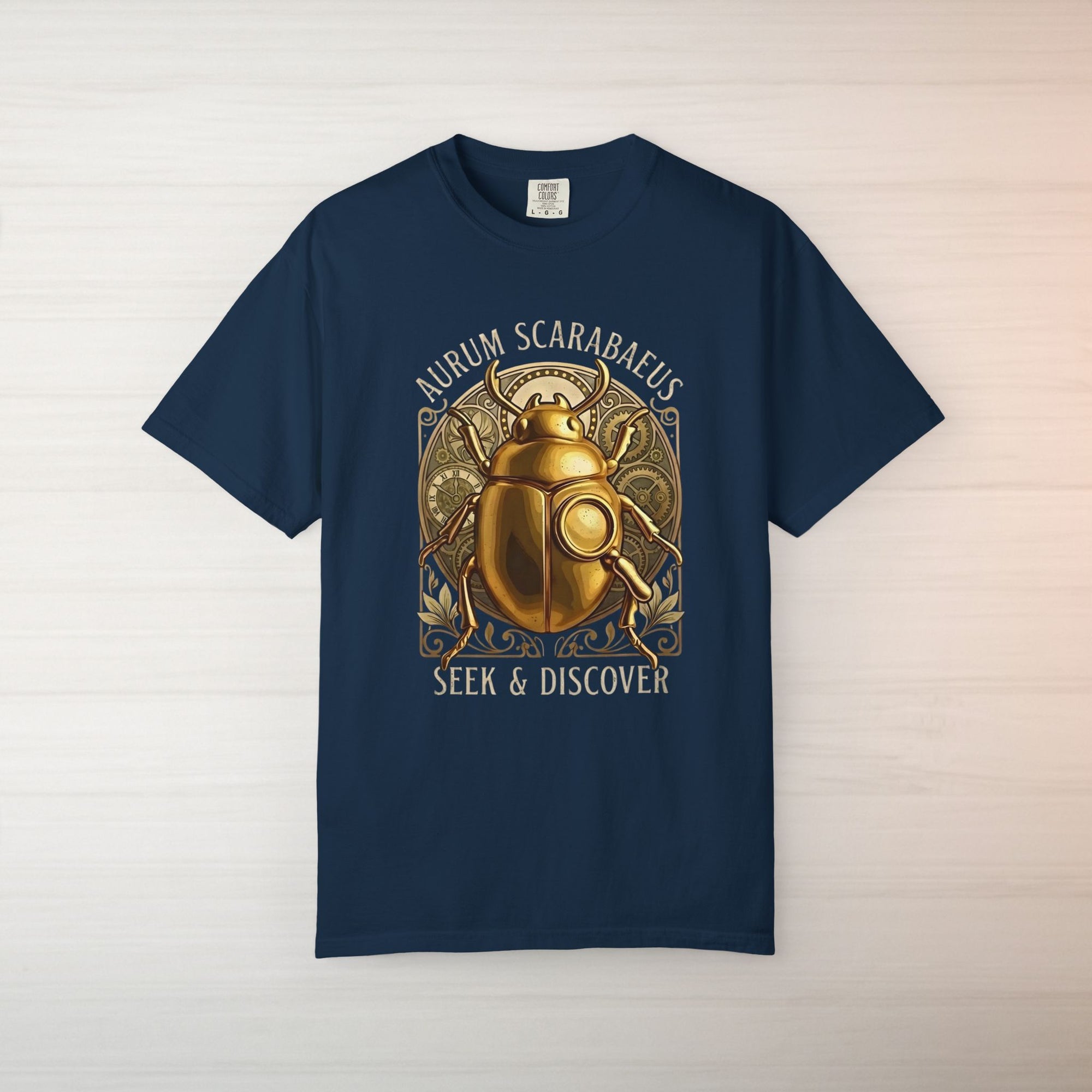 Golden Scarab T Shirt Aurum Scarabaeus | Seek & Discover Graphic Tee | Mystical Beetle Symbol Shirt | Unisex Vintage Art Tee