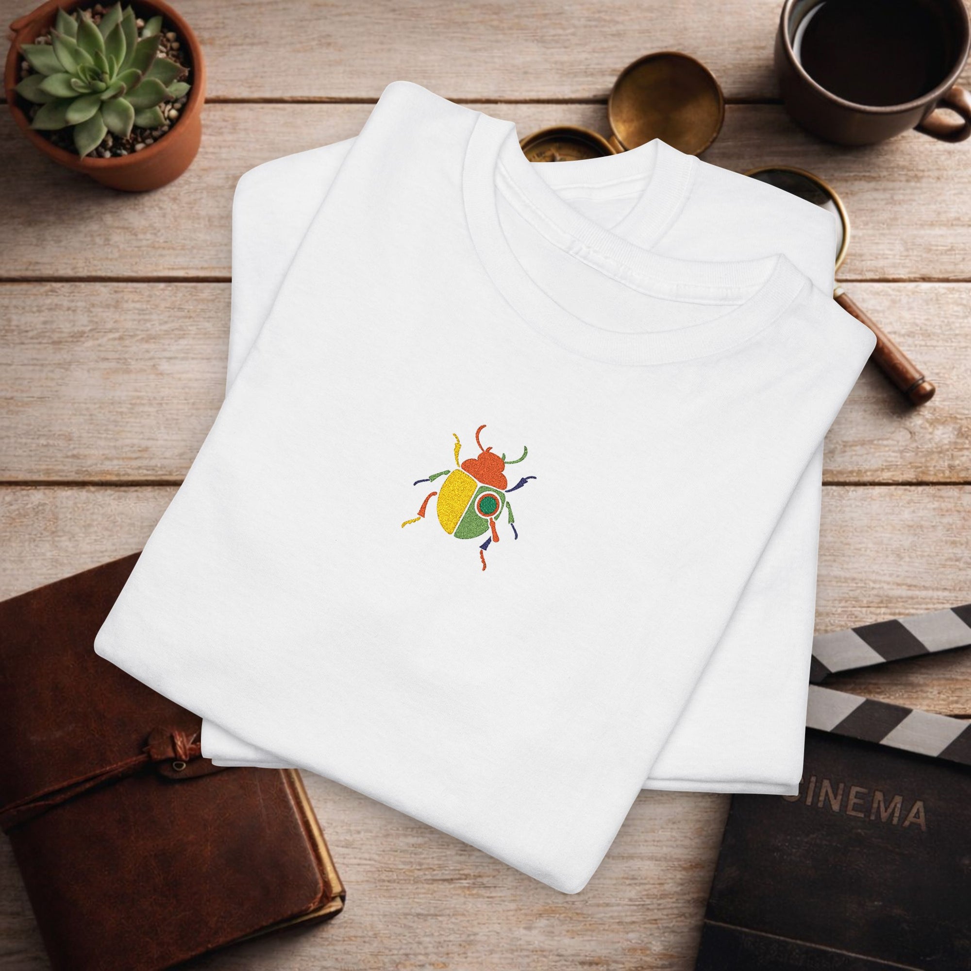 Embroidered Minimal Beetle T-Shirt | Unisex Tee Small Chest Color Block Embroidery | Aesthetic Insect Graphic Shirt