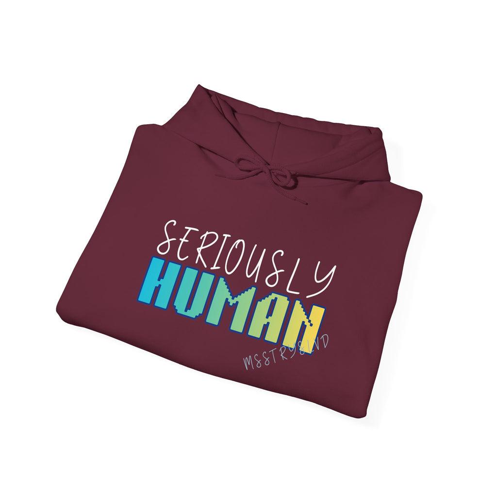 Embroidered 'Seriously Human' Heavy Blend™ Hooded Sweatshirt Quote Retro Pixel