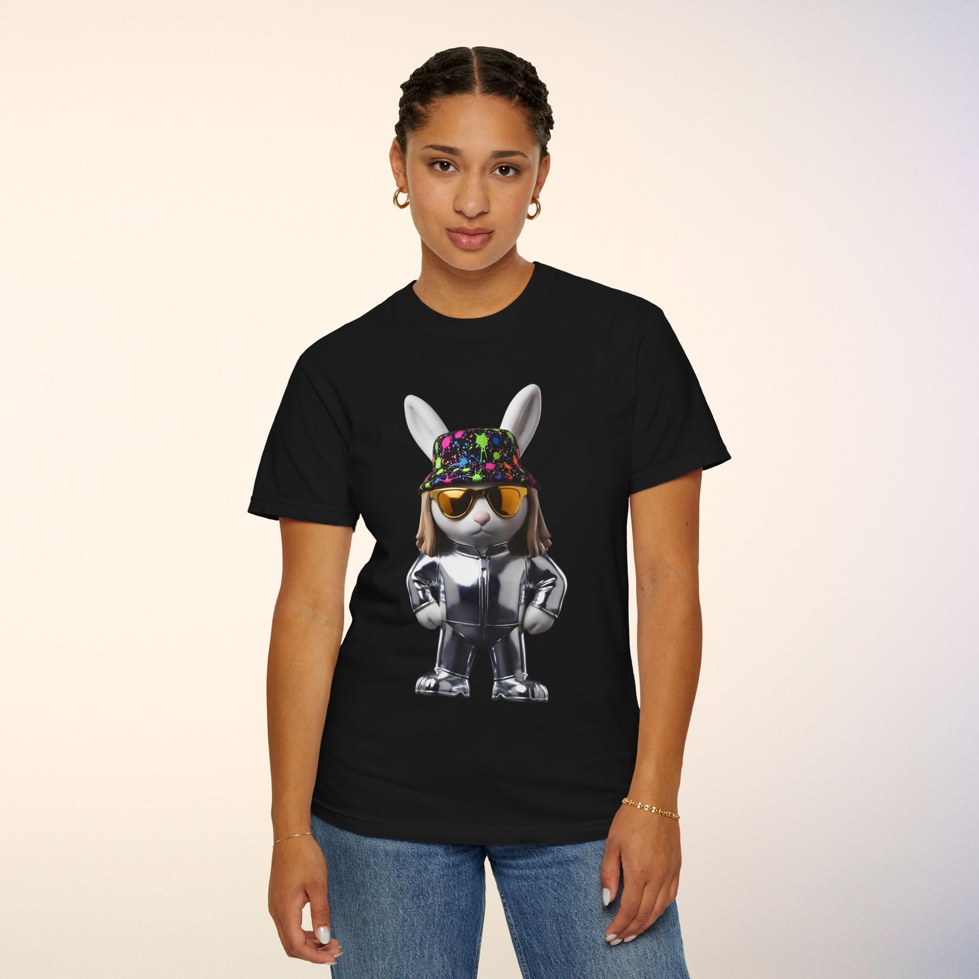 Cool Rabbit Graphic T-Shirt | Streetwear Bunny Character Tee, Fun Urban Animal Art Shirt, Unisex Black T Shirt