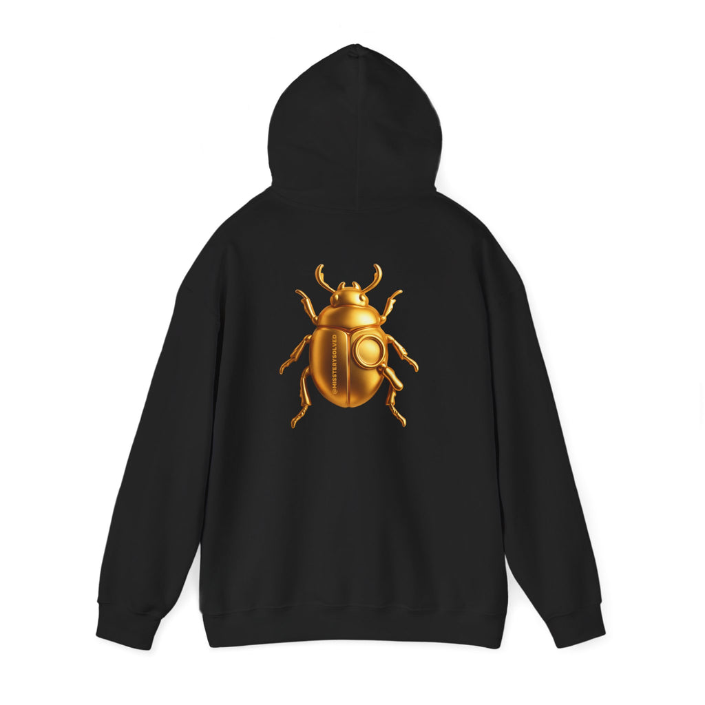 Gold Scarab Beetle Hoodie – Futuristic Steampunk Insect | Unisex Heavy Blend Hooded Sweatshirt Front and Back Graphic