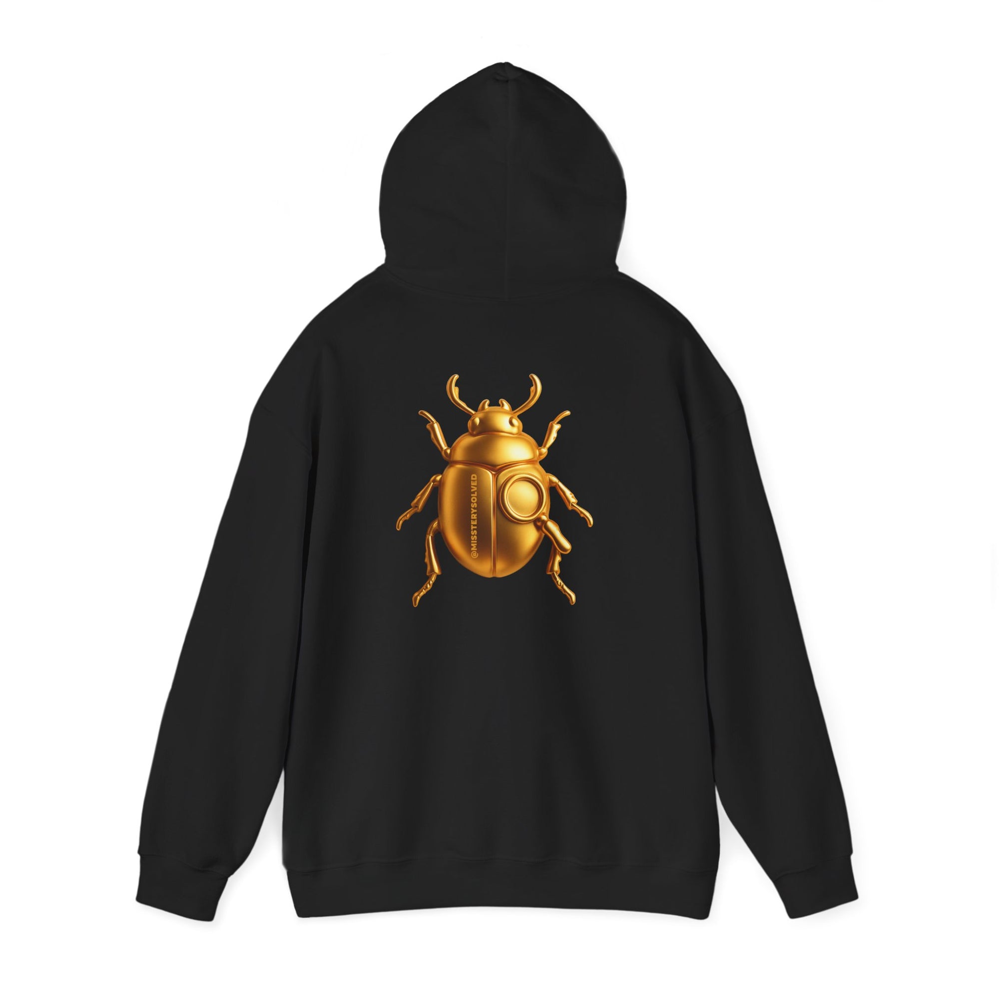 Gold Scarab Beetle Hoodie – Futuristic Steampunk Insect | Unisex Heavy Blend Hooded Sweatshirt Front and Back Graphic