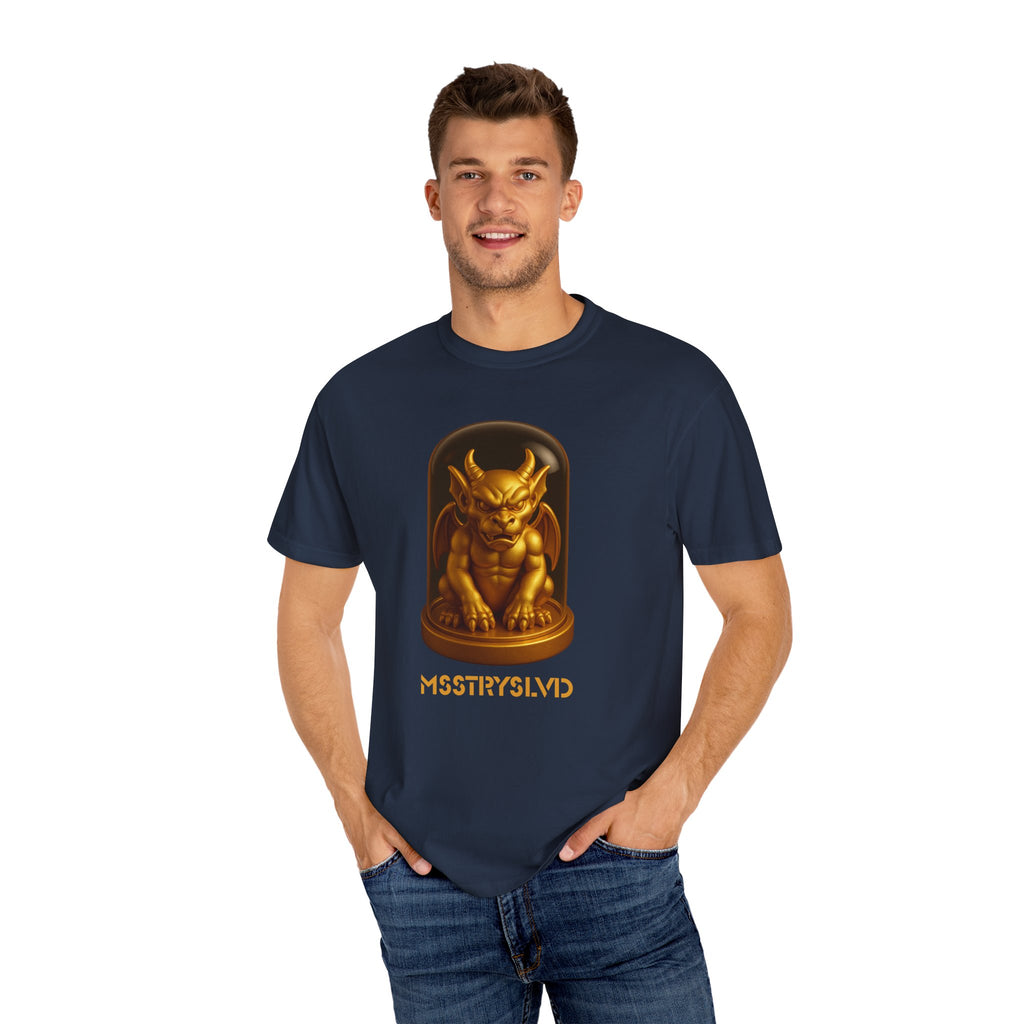 “MYTHFORGE V1” Streetwear Graphic T-Shirt – Golden Relic Beetle Vault Rush Gargoyle Edition Tee For Men & Women