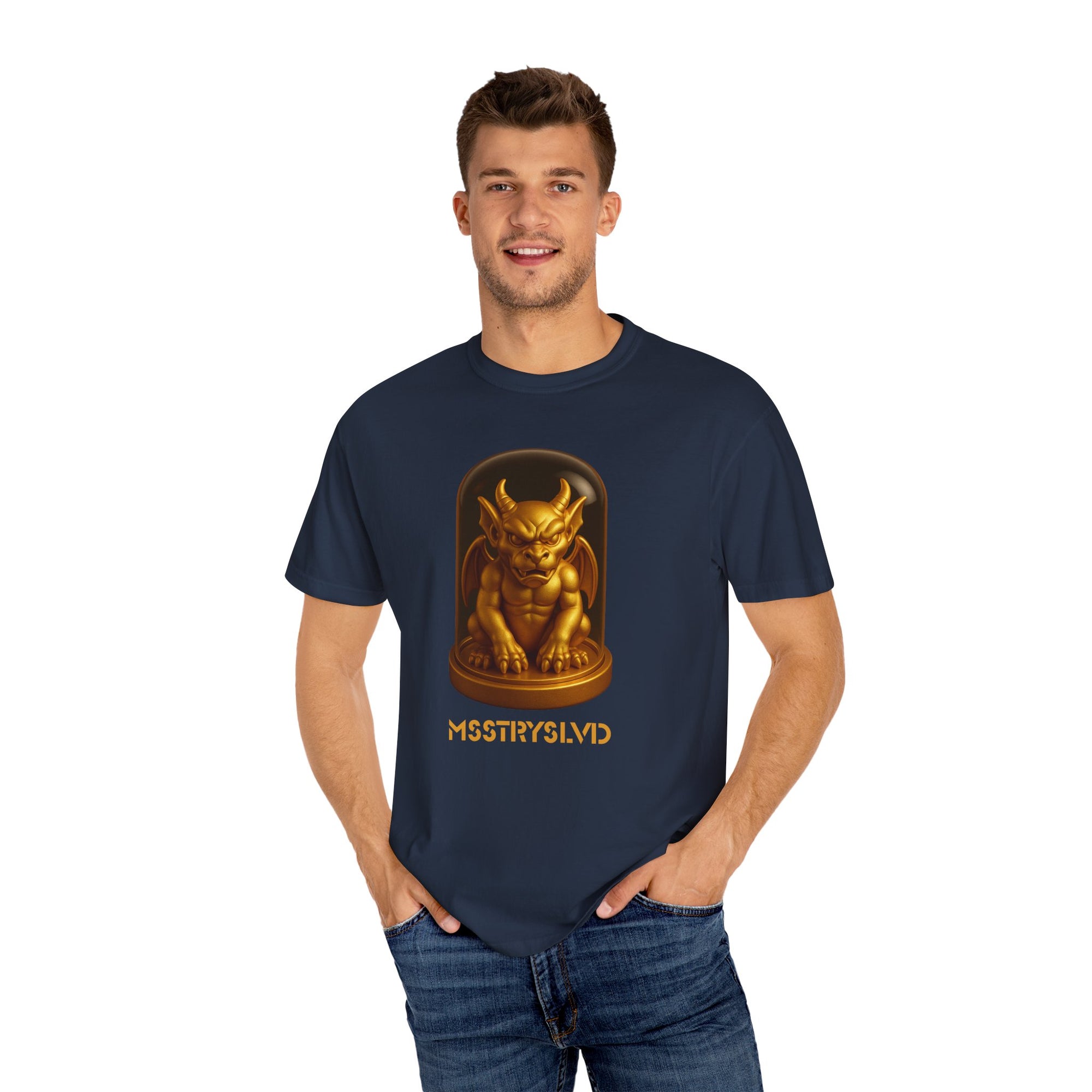 “MYTHFORGE V1” Streetwear Graphic T-Shirt – Golden Relic Beetle Vault Rush Gargoyle Edition Tee For Men & Women